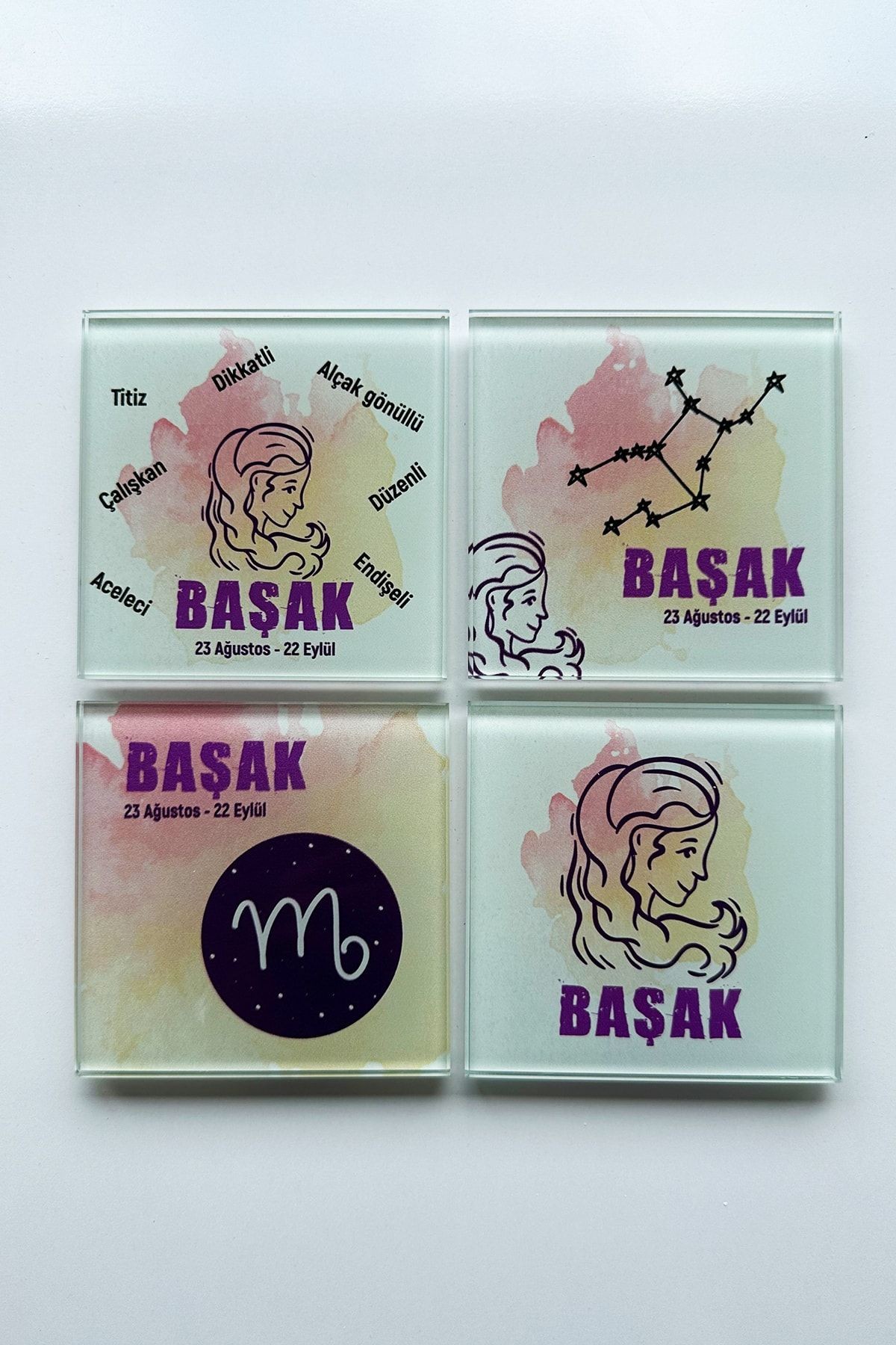Cam Bardak Altlığı | Burçlar - Başak Burcu | 4'lü Takım | 10cm X 10cm