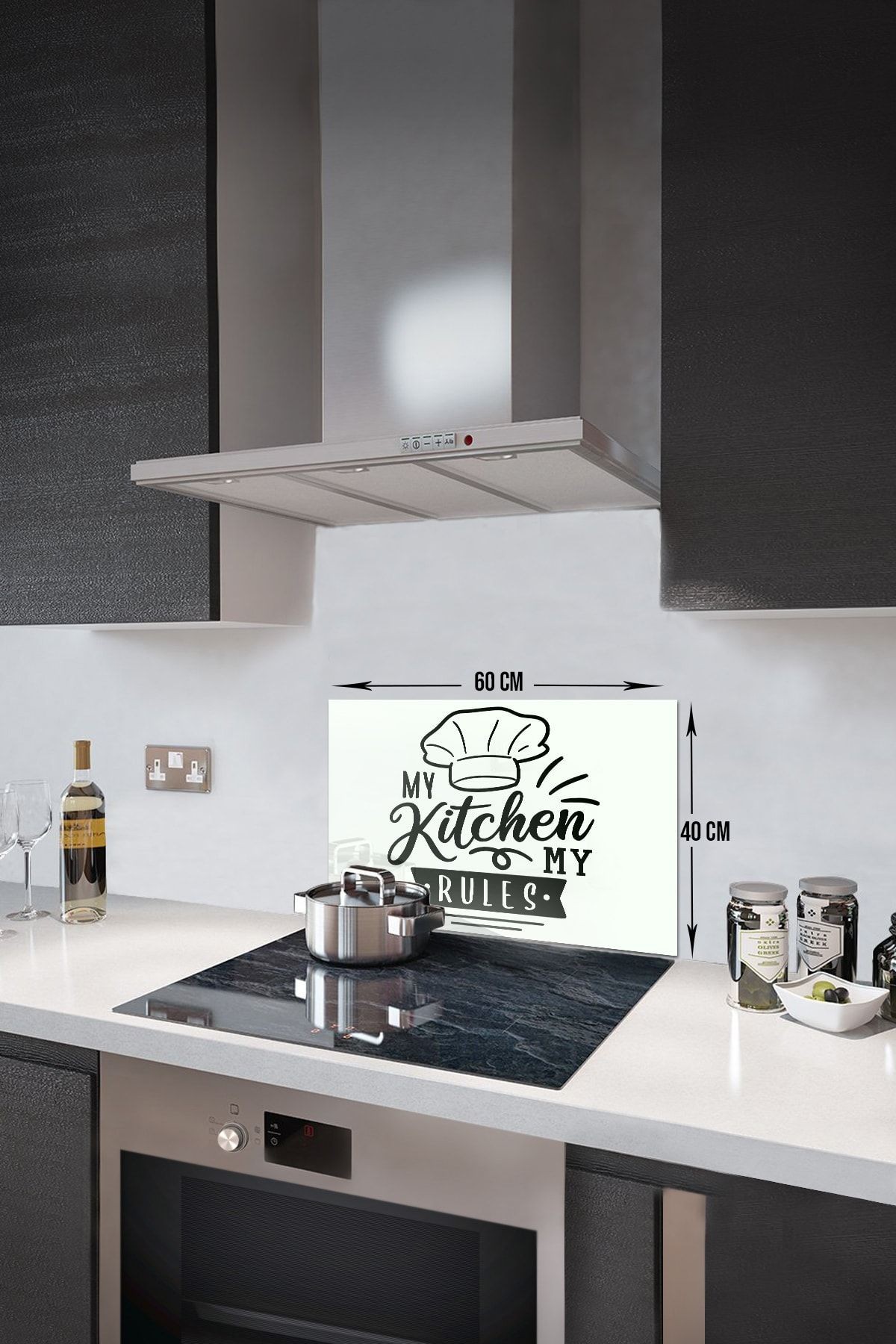 Cam Ocak Arkası Koruyucu | Beyaz Fon - My Kitchen My Rules | 40cm X 60cm