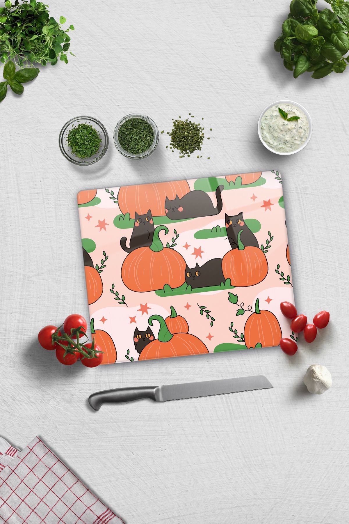 Cam Kesme Tahtası - Cam Kesme Tablası | Balkabağı ve Kedi | 29cm x 34cm