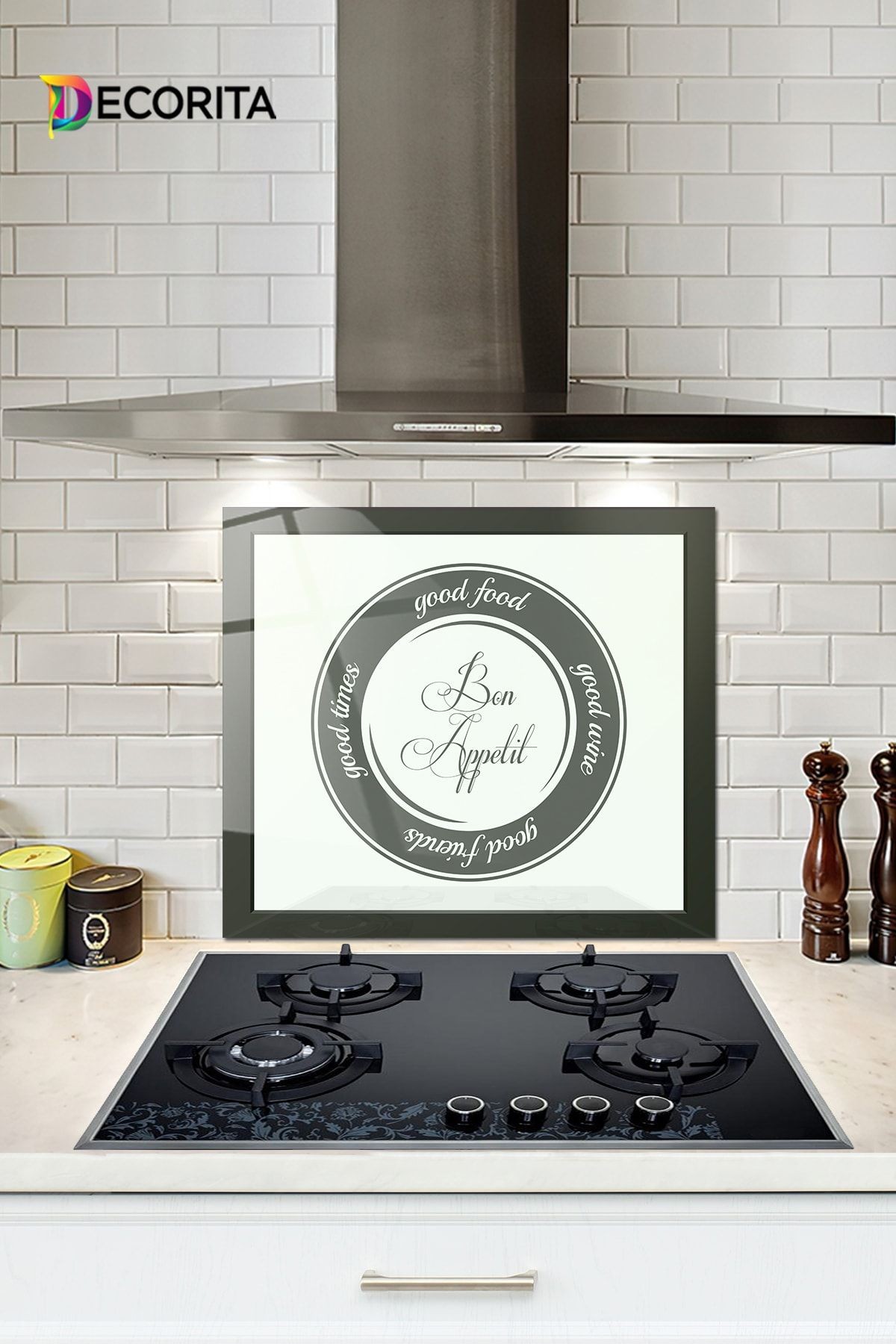 Cam Ocak Arkası Koruyucu | Good Food - Beyaz Fon | 52cm X 60cm
