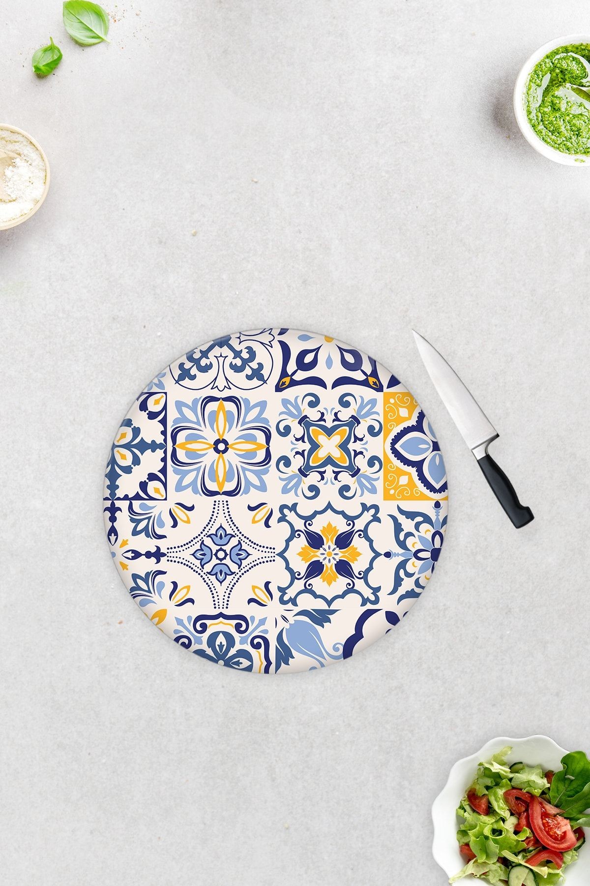 Mavi Çini Desen | Cam Kesme Tahtası - Cam Kesme Tablası | Çap32cm