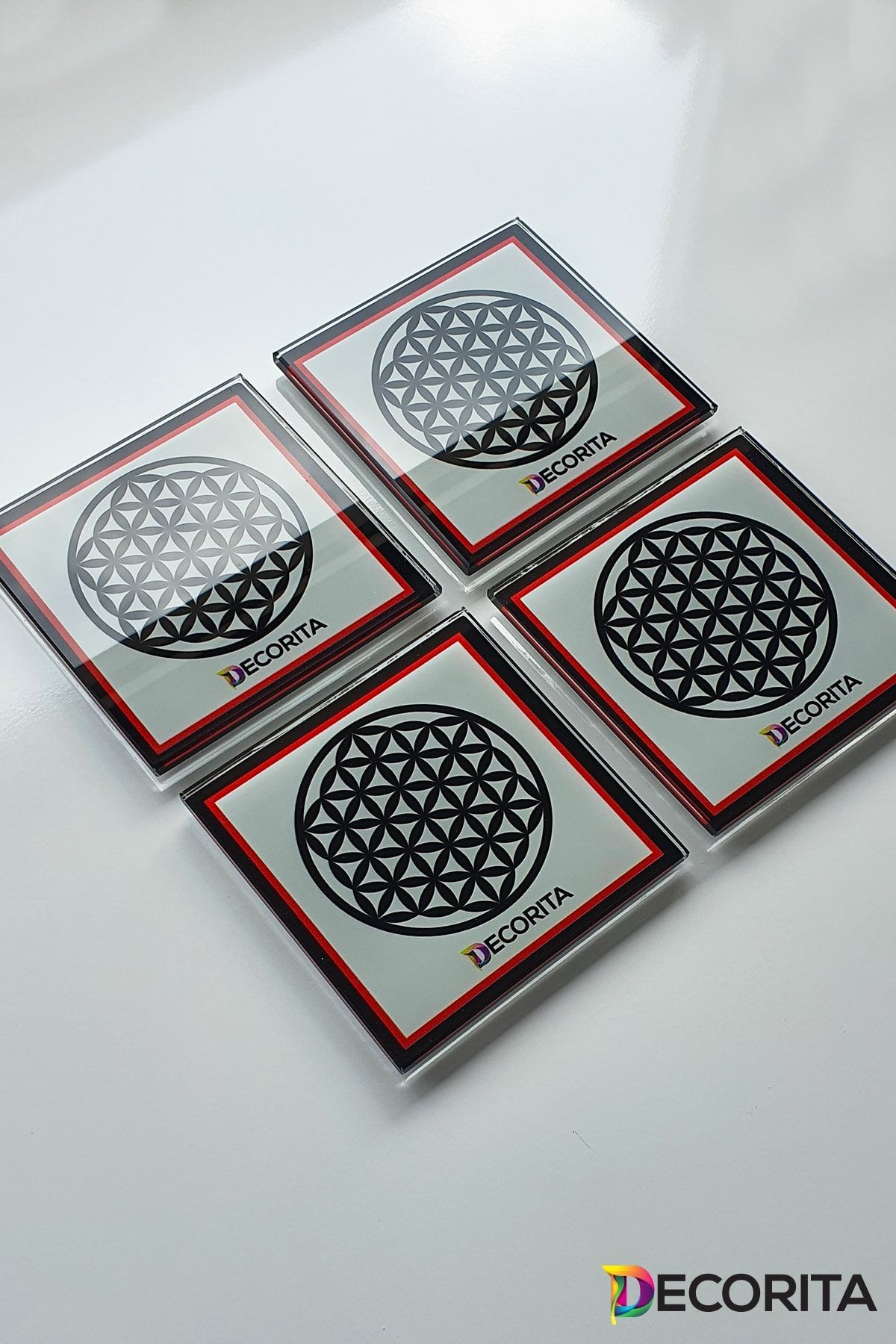 Cam Bardak Altlığı | Logolu - Kırmızı - Siyah | 4'lü Takım | 10cm X 10cm