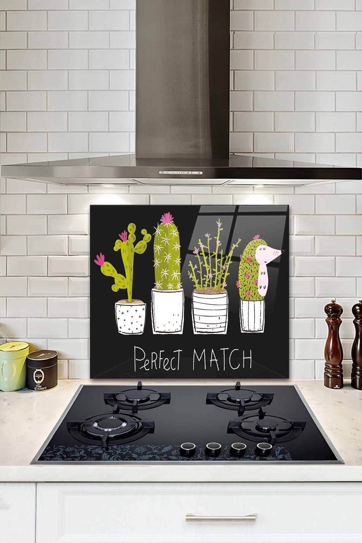 Cam Ocak Arkası Koruyucu | Perfect Match - Siyah Fon | 52cm X 60cm