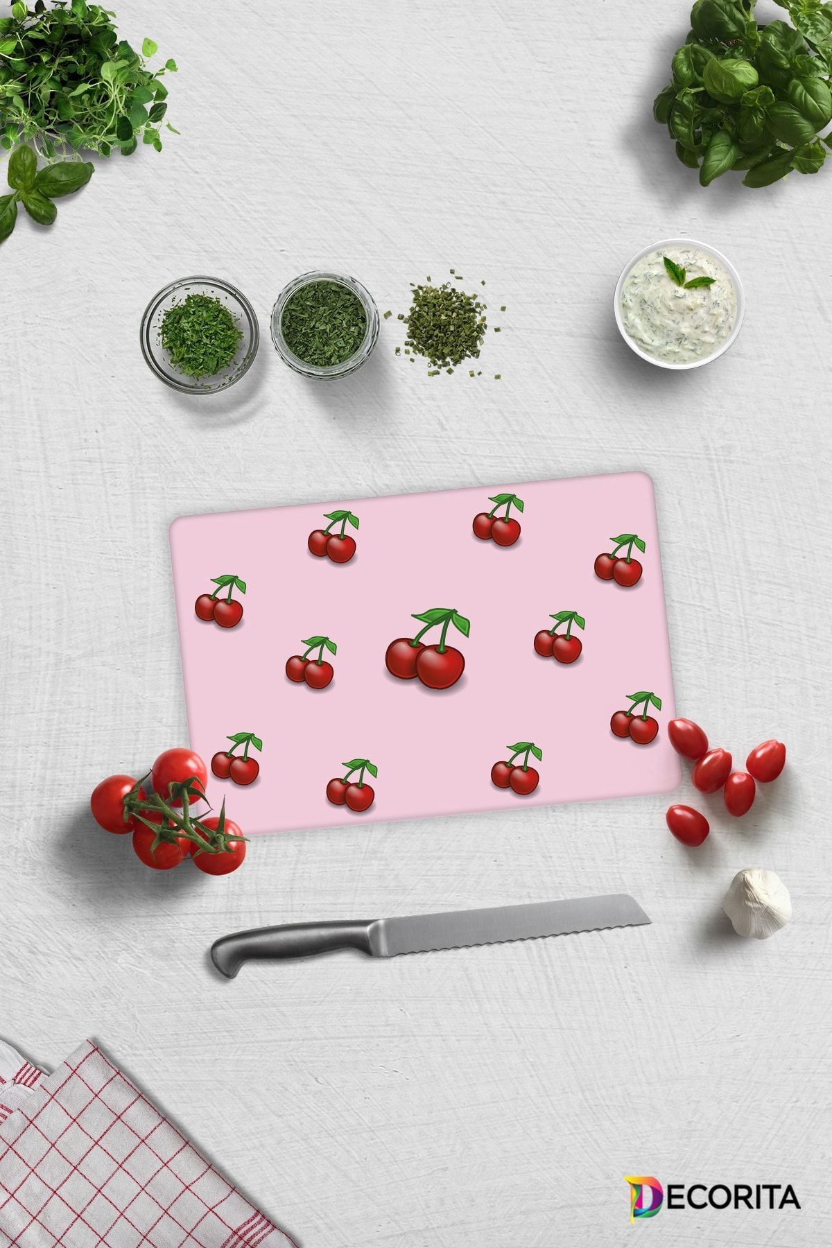 Pembe Dokulu Kiraz Desenli | Cam Kesme Tahtası - Cam Kesme Tablası | 20cm X 30cm