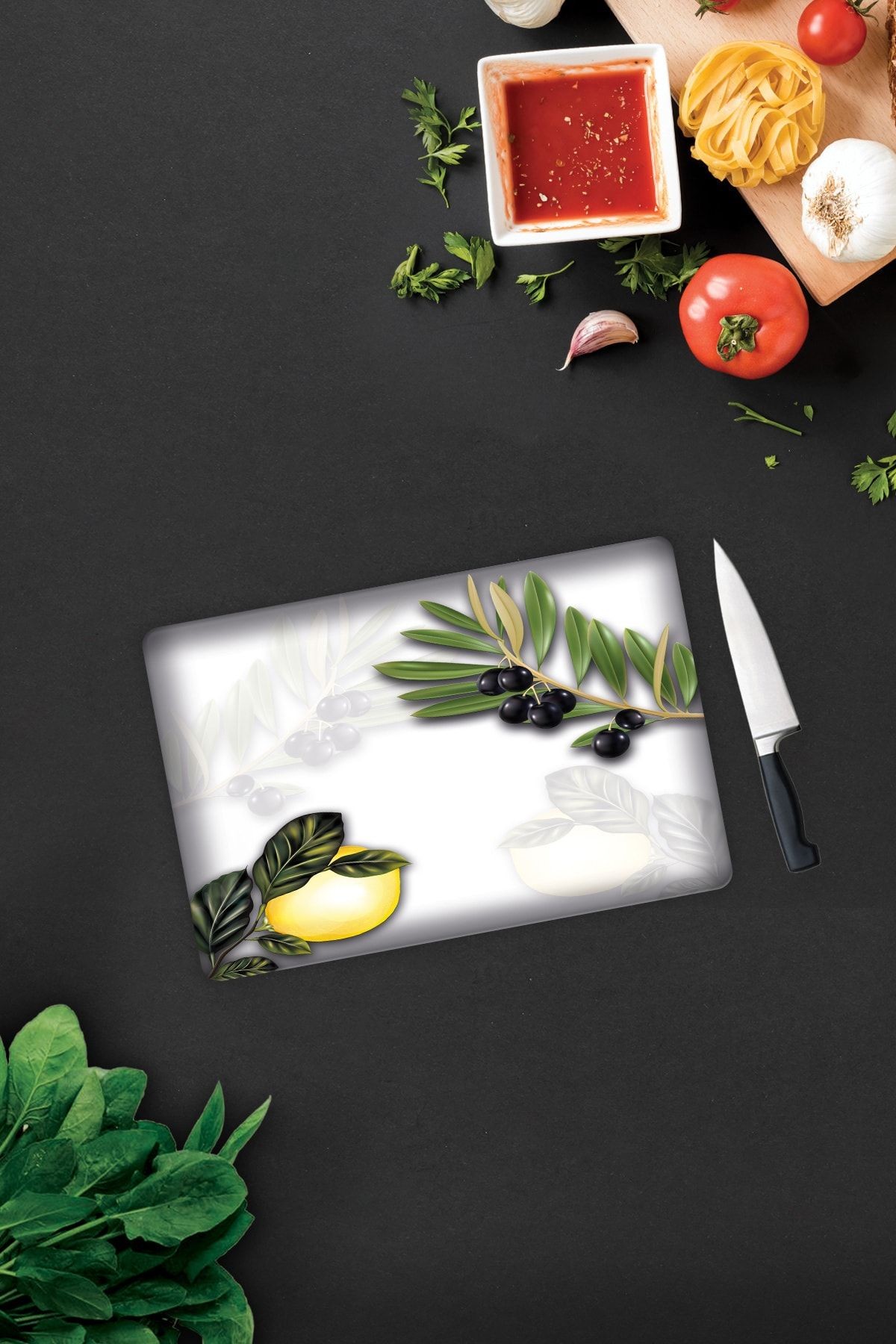 Zeytin Ve Limon Desen | Cam Kesme Tahtası - Cam Kesme Tablası | 20cm X 30cm