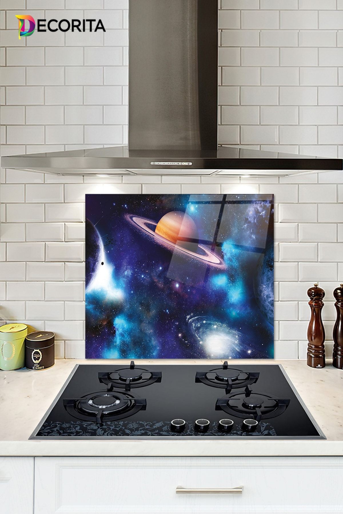 Cam Ocak Arkası Koruyucu | Galaksi Desen - Renkli | 52cm X 60cm