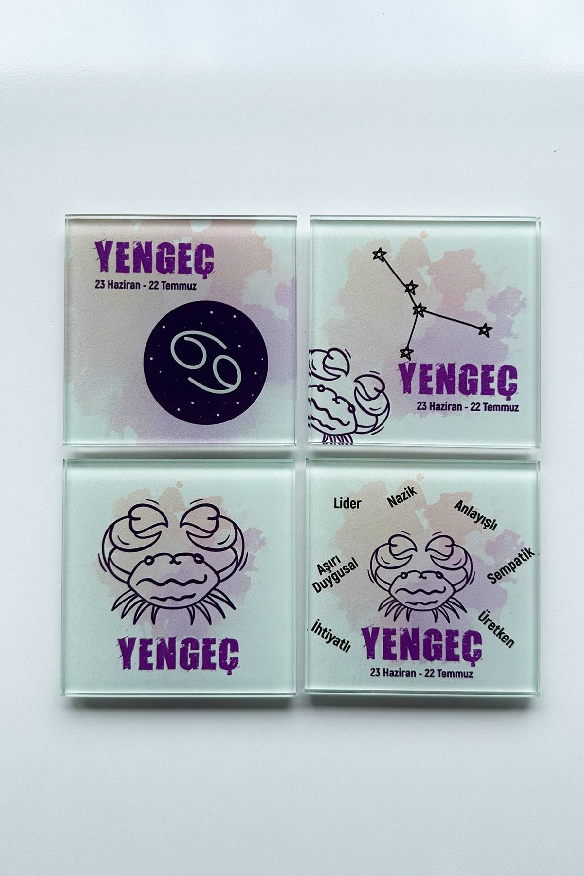 Cam Bardak Altlığı | Burçlar - Yengeç Burcu | 4'lü Takım | 10cm X 10cm