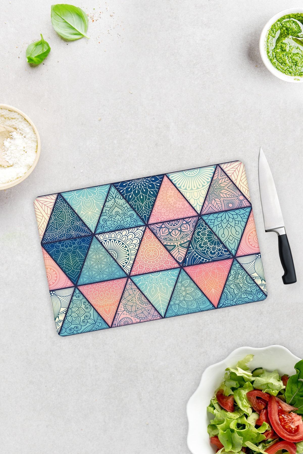 Renkli Mandala Desenli | Cam Kesme Tahtası - Cam Kesme Tablası | 20 cm x 30 cm