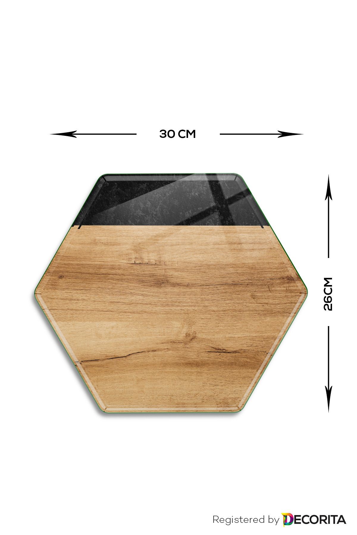 Cam Peynir Sunum Tabağı | Cam Servis Tabağı | Ahşap-Siyah Desen | 26cm x 30cm