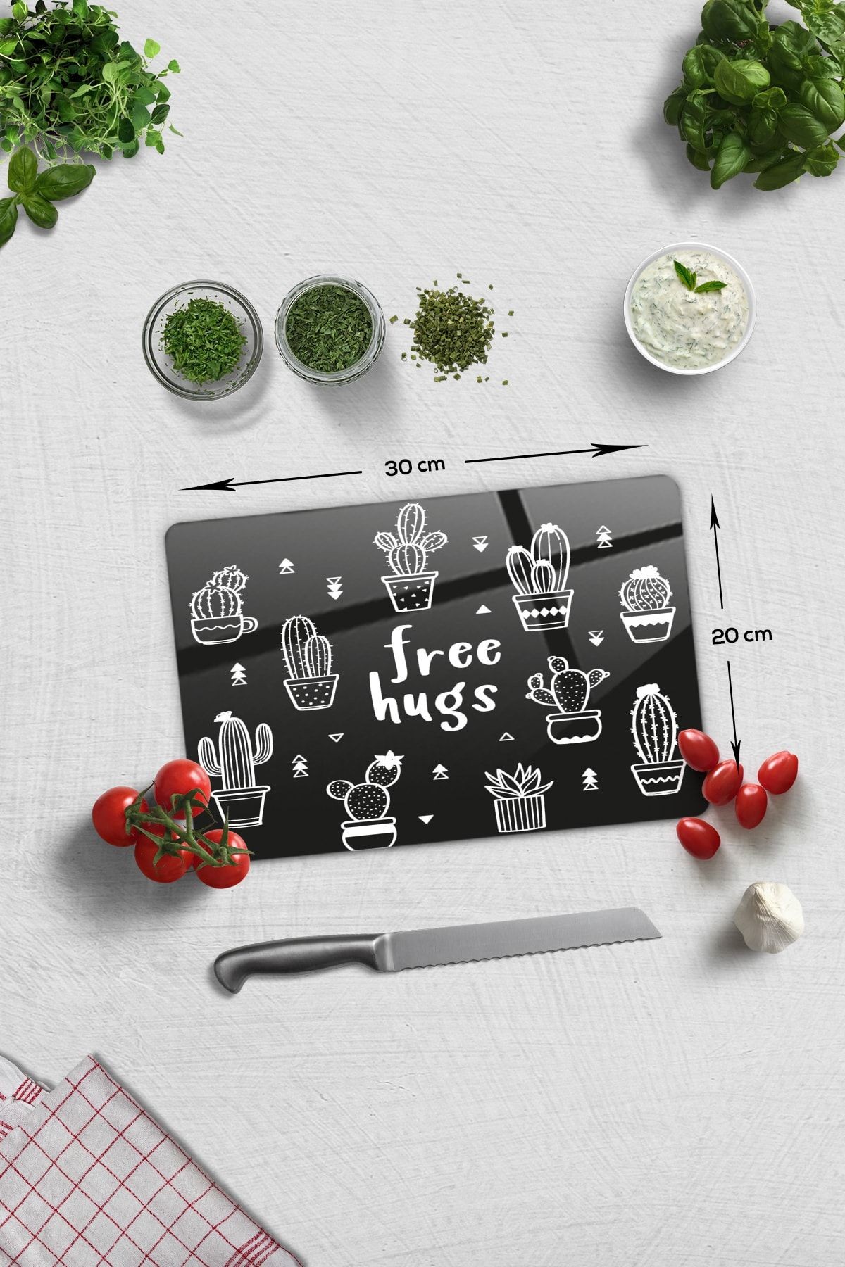 Cam Kesme Tahtası | Cam Kesme Tablası | Free Hugs - Siyah Fon | 20cm X 30cm