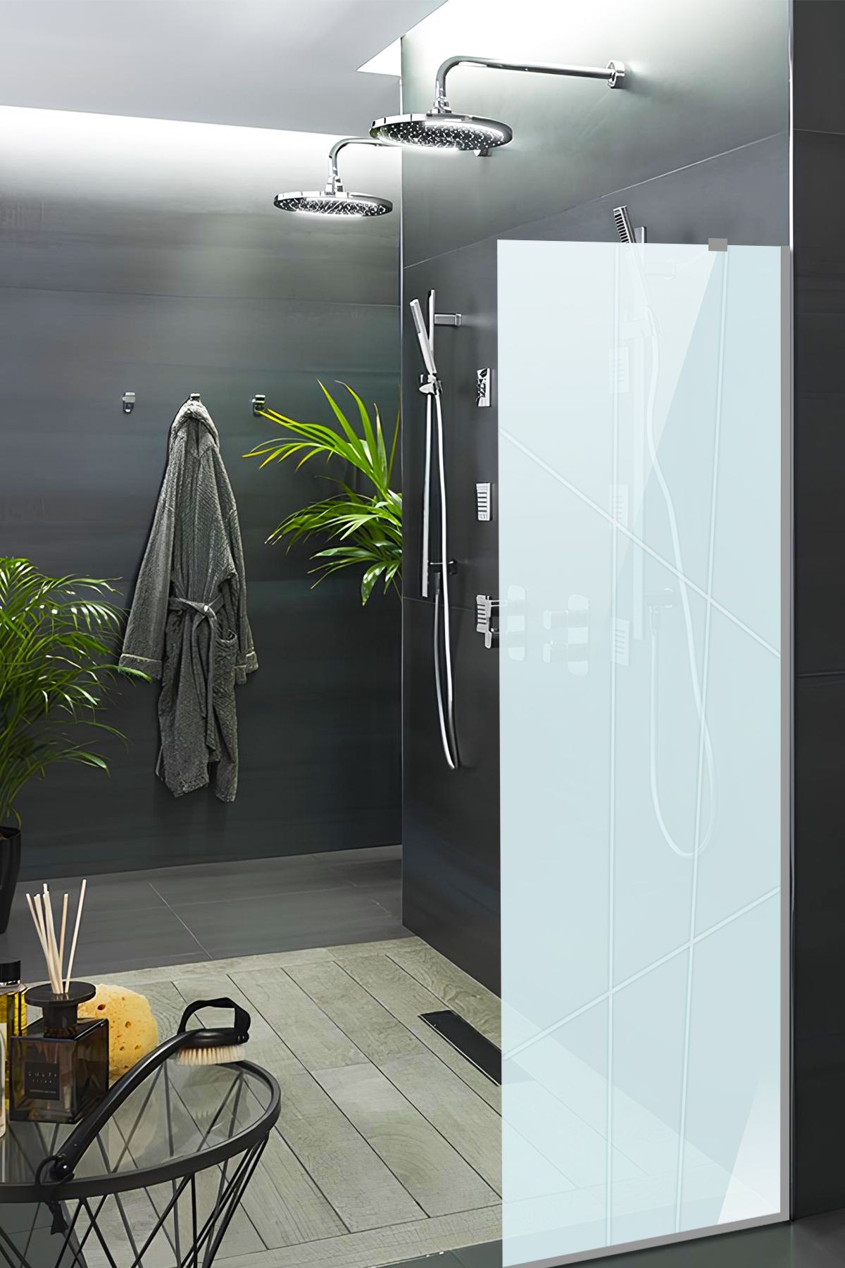 Cam Duşakabin Seperatör - Sabit Panel | Satina Cam - Kanallı | Metalik Parlak Profil | 55cm x 190cm