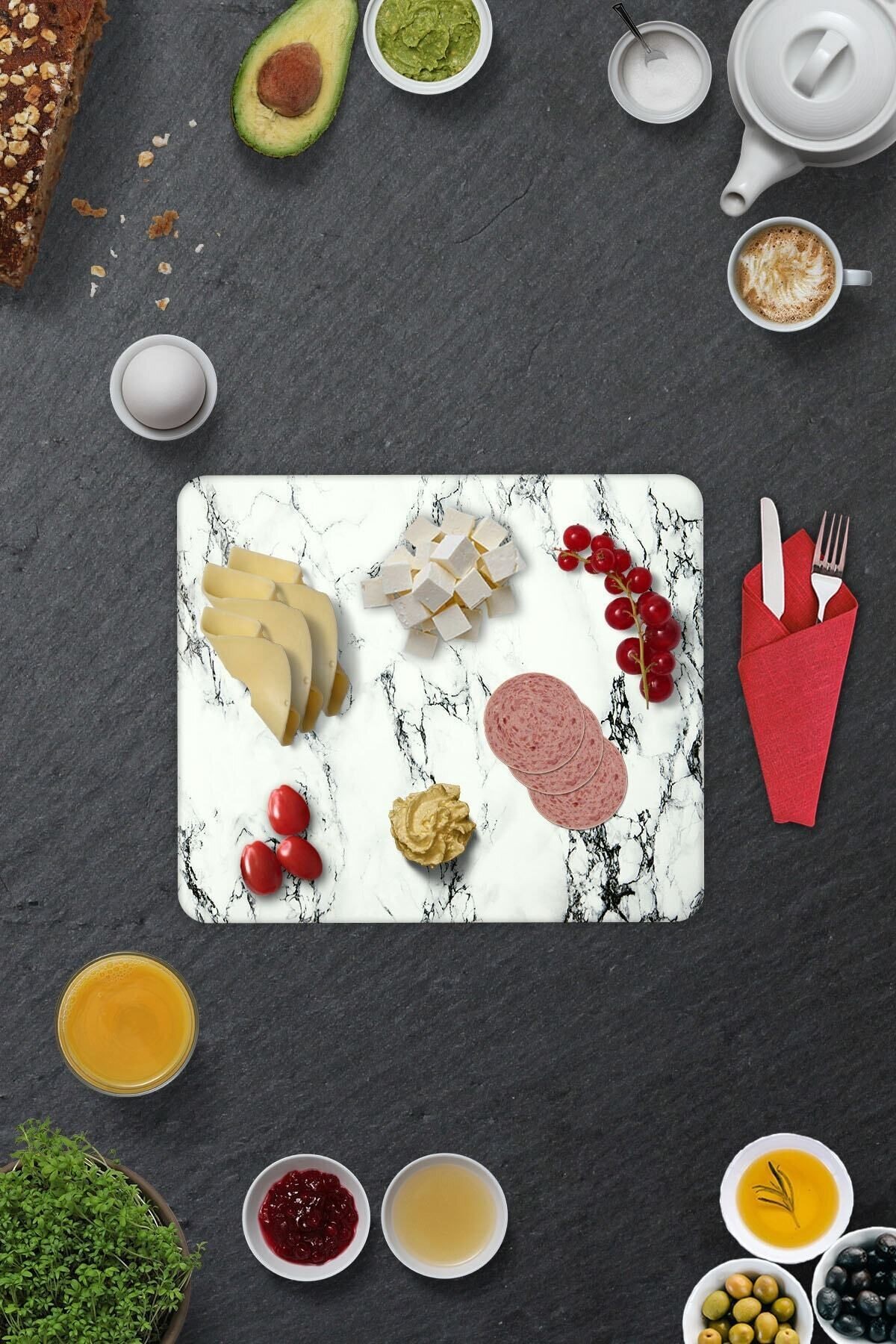 2'li Takım | Cam Tabak - Kahvaltı Tabağı - Pasta Tabağı | Beyaz Mermer Görünümlü | 29cm X 34cm
