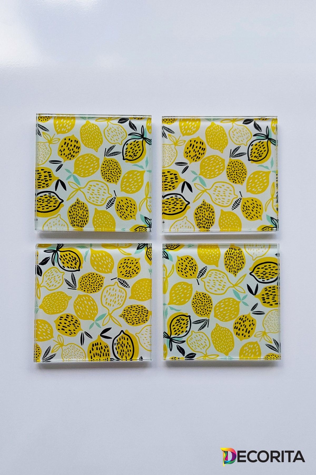Cam Bardak Altlığı | Sarı Limonlar | 4'lü Takım | 10cm X 10cm