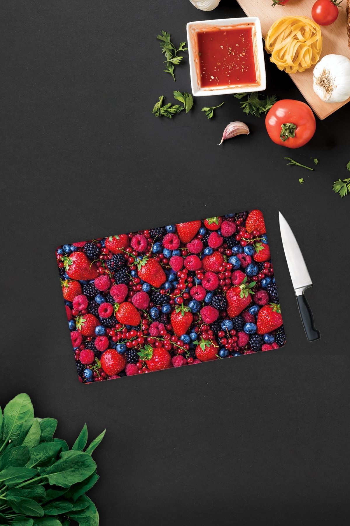 Mor Ve Kırmızı Meyveler | Cam Kesme Tahtası - Cam Kesme Tablası | 20cm X 30cm