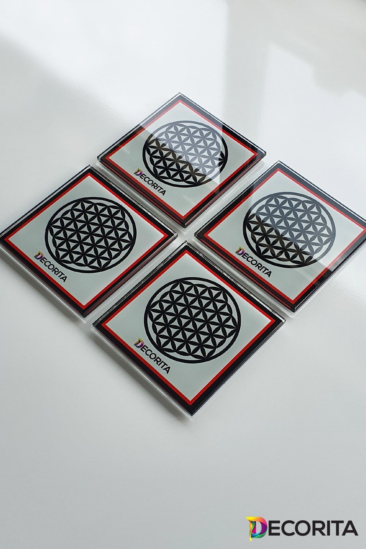 Cam Bardak Altlığı | Logolu - Kırmızı - Siyah | 4'lü Takım | 10cm X 10cm