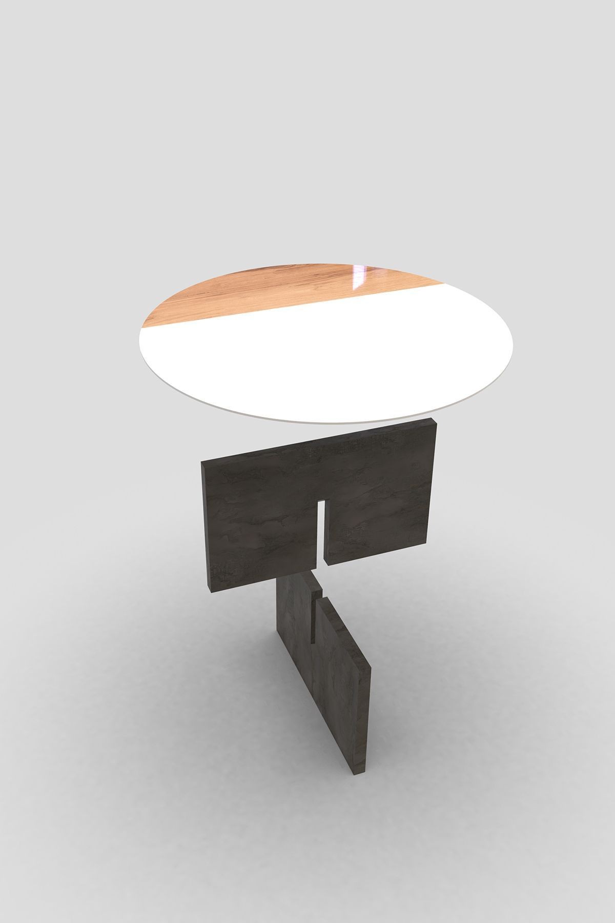 Cam Orta Sehpa | Modern Sehpa | Atlas - Taş Desen Kaplama | Kenarı Ahşap Desenli | Çap90cm