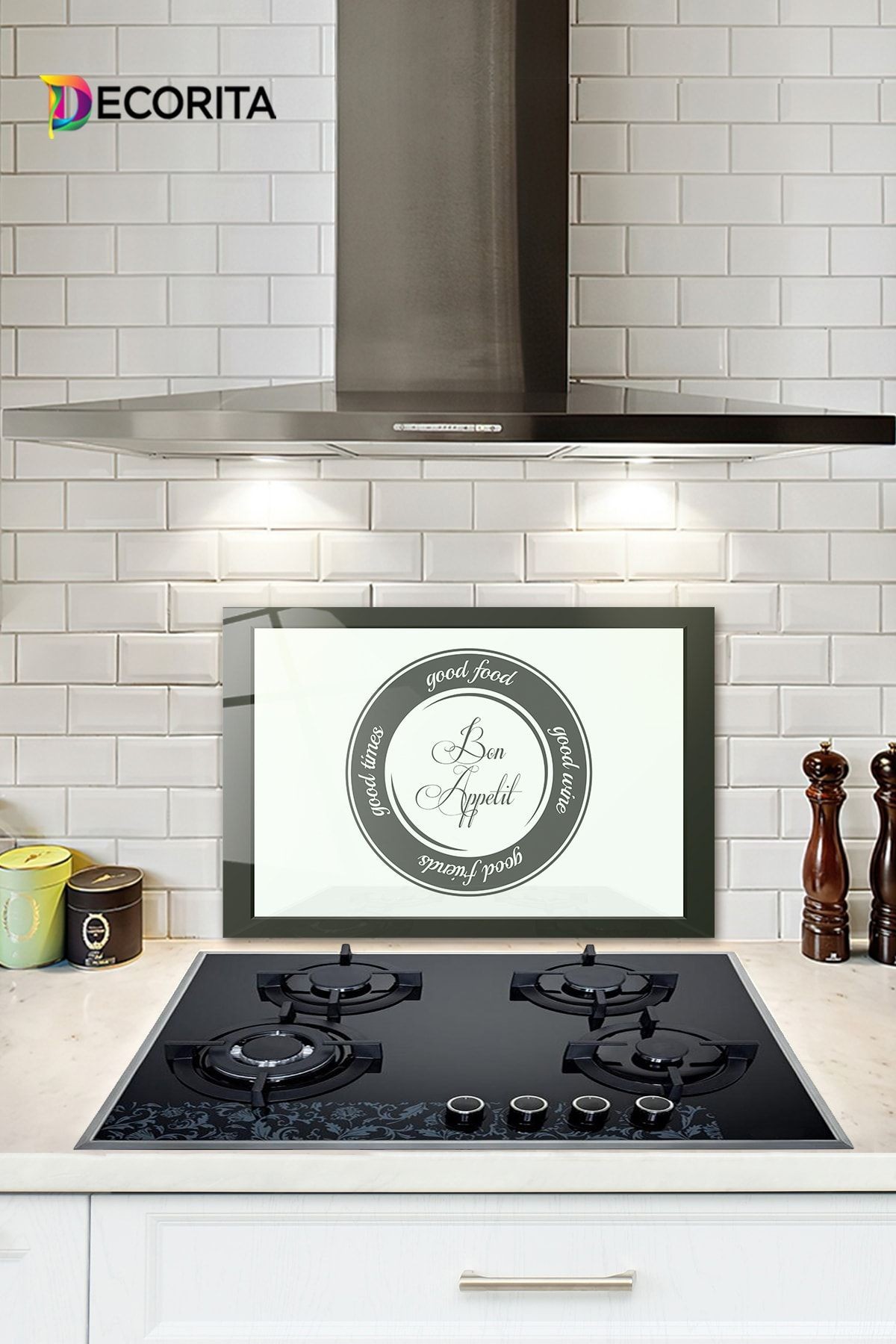 Cam Ocak Arkası Koruyucu | Good Food - Beyaz Fon | 40cm X 60cm