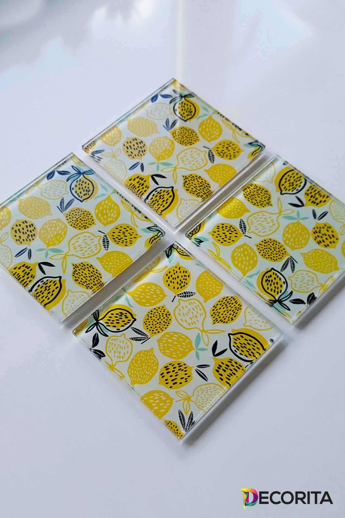 Cam Bardak Altlığı | Sarı Limonlar | 4'lü Takım | 10cm X 10cm