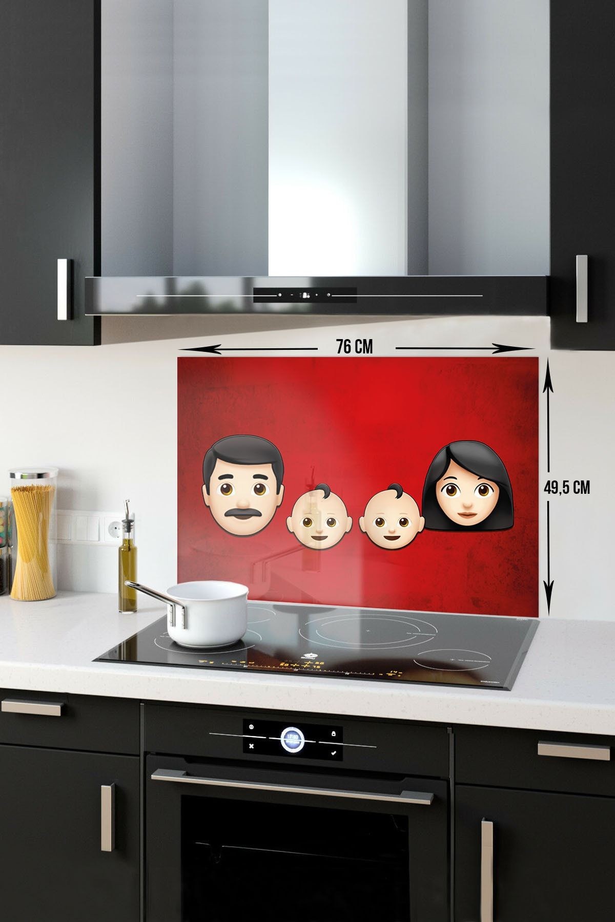 Cam Ocak Arkası Koruyucu | Emoji Ailesi | Anne & Baba & Çocuklar | 49,5 Cm X 76 Cm
