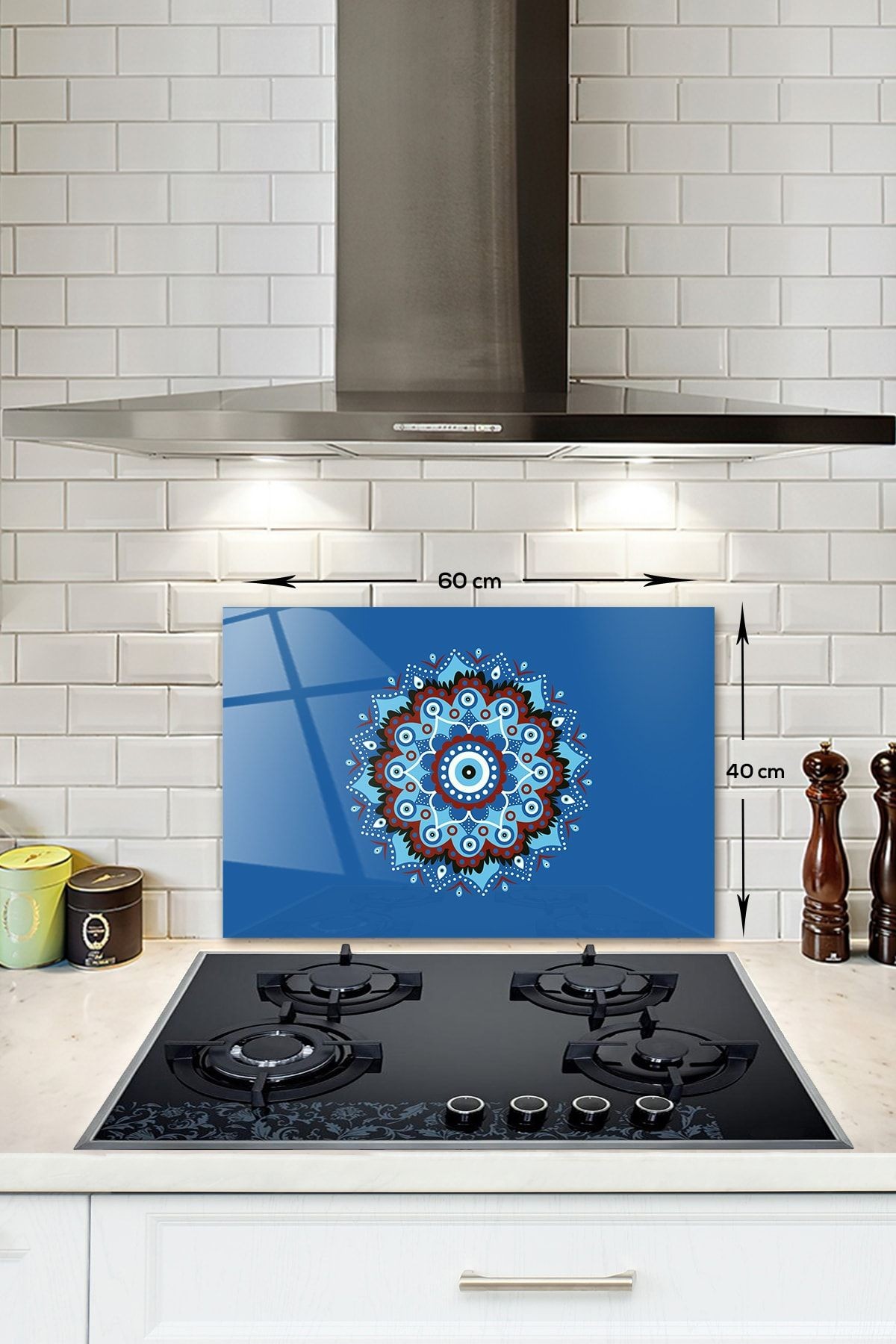 Cam Ocak Arkası Koruyucu | Mandala Nazar Boncuğu | 40cm X 60cm