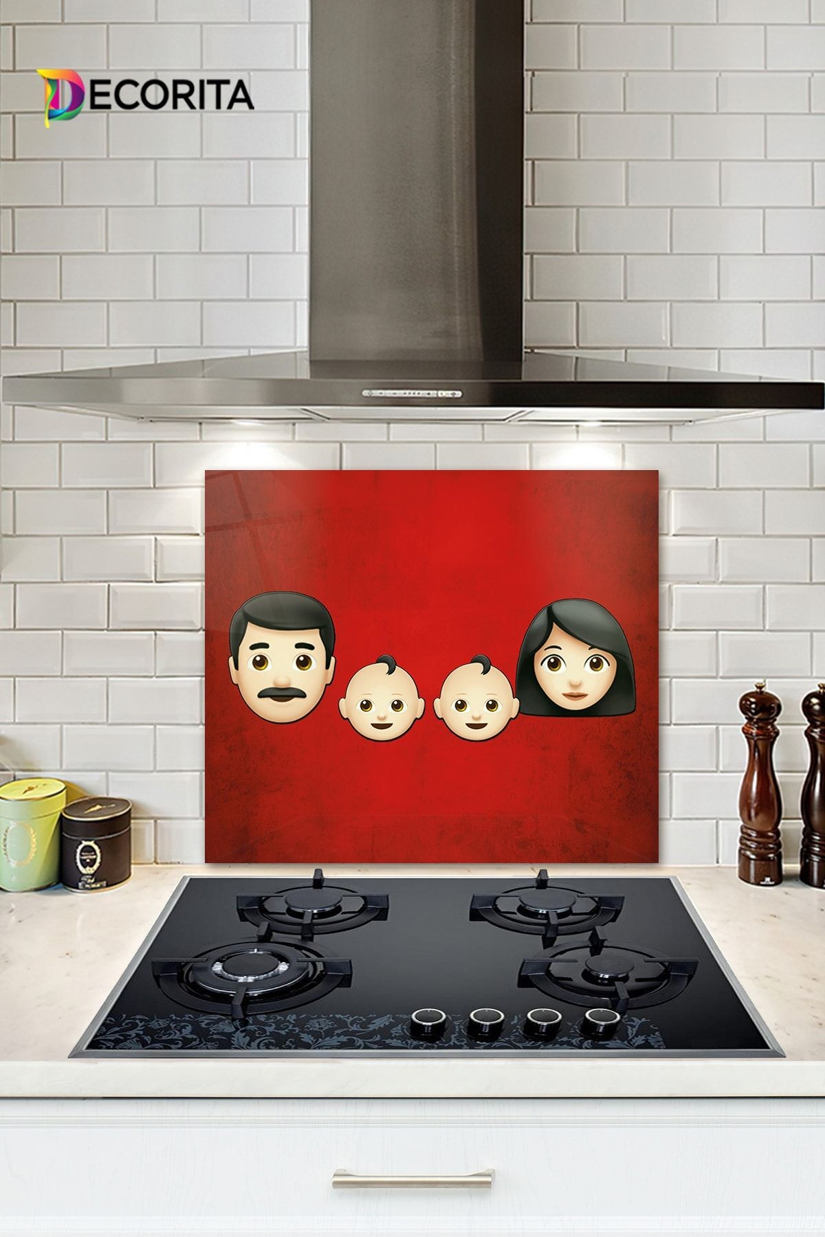 Cam Ocak Arkası Koruyucu | Emoji Ailesi | Anne & Baba & Çocuklar | 49,5 Cm X 76 Cm