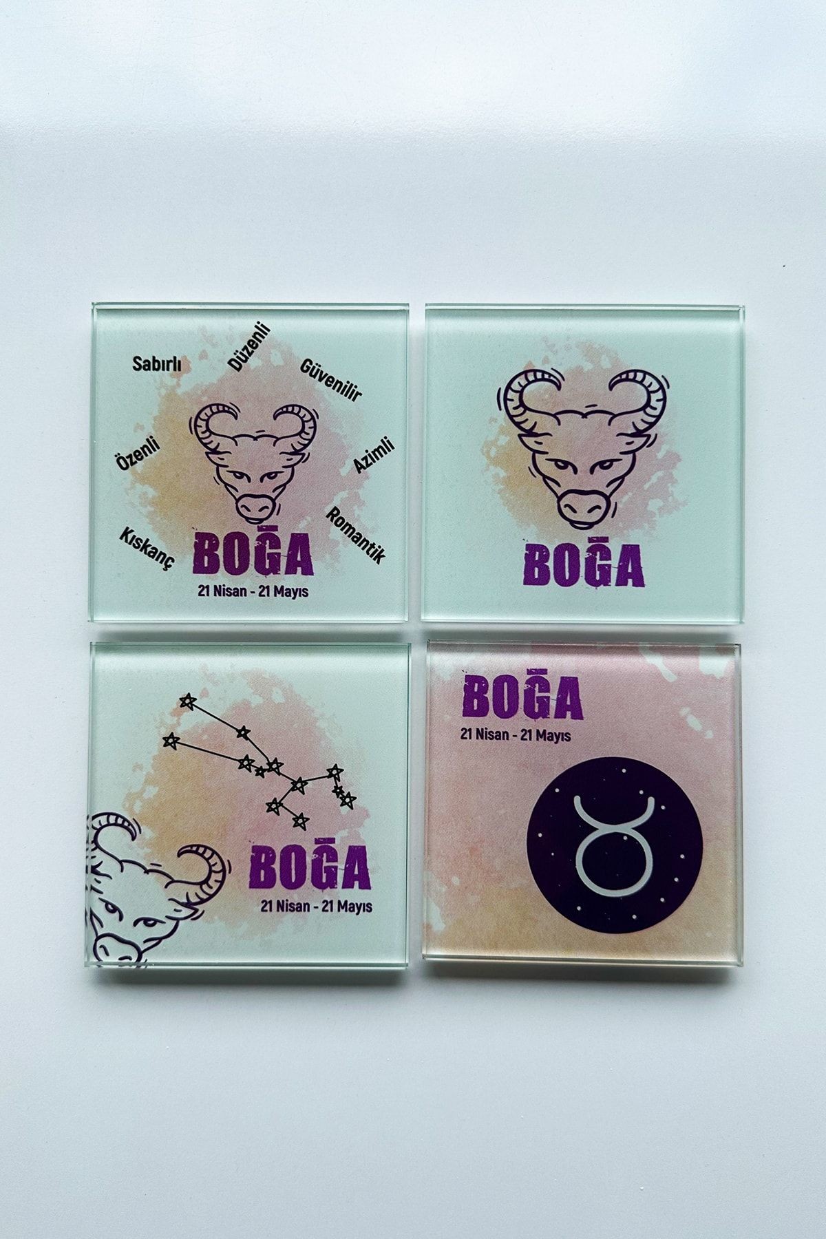 Cam Bardak Altlığı | Burçlar - Boğa Burcu | 4'lü Takım | 10cm X 10cm