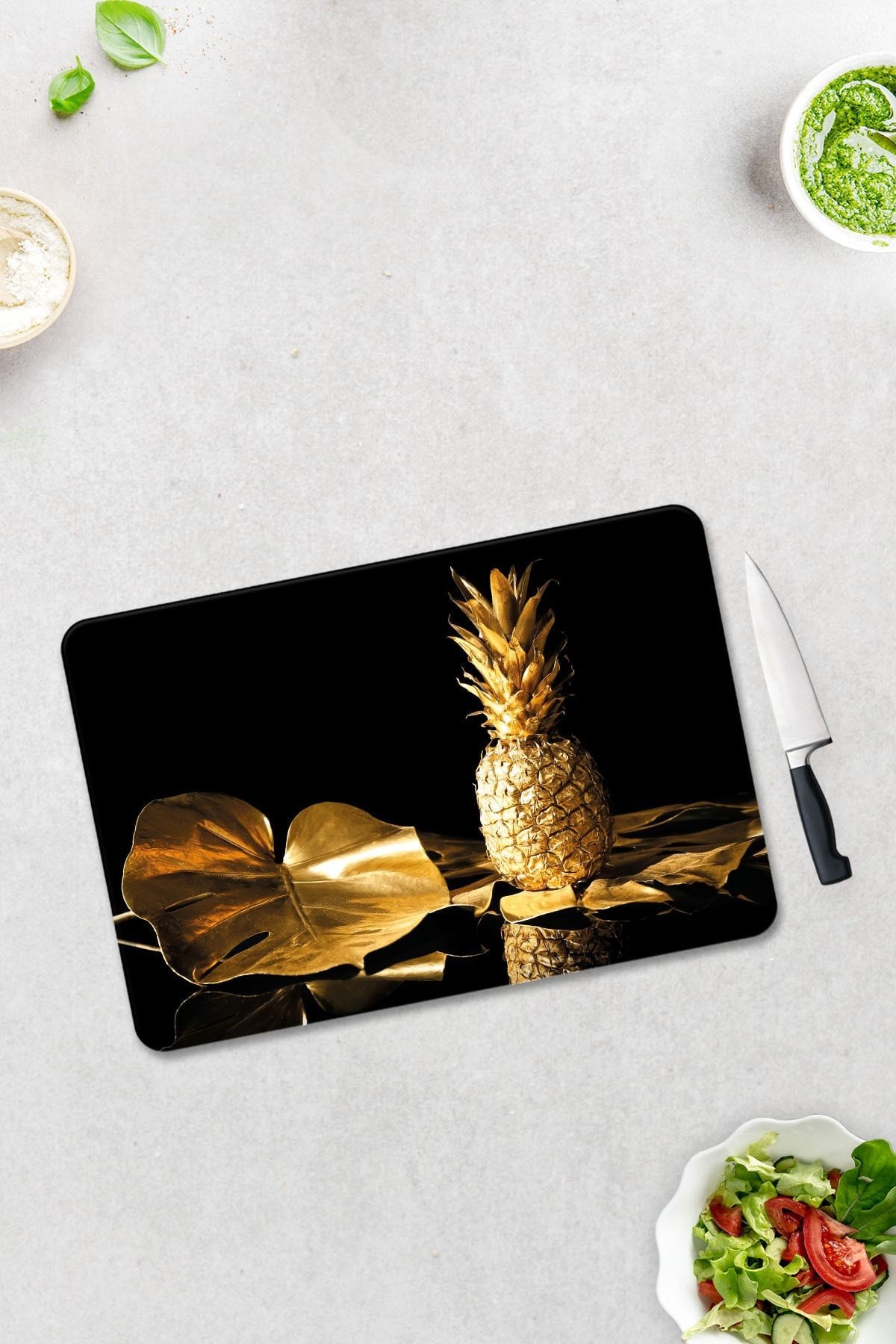 Altın Ananas | Cam Kesme Tahtası - Cam Kesme Tablası | 30cm X 40cm