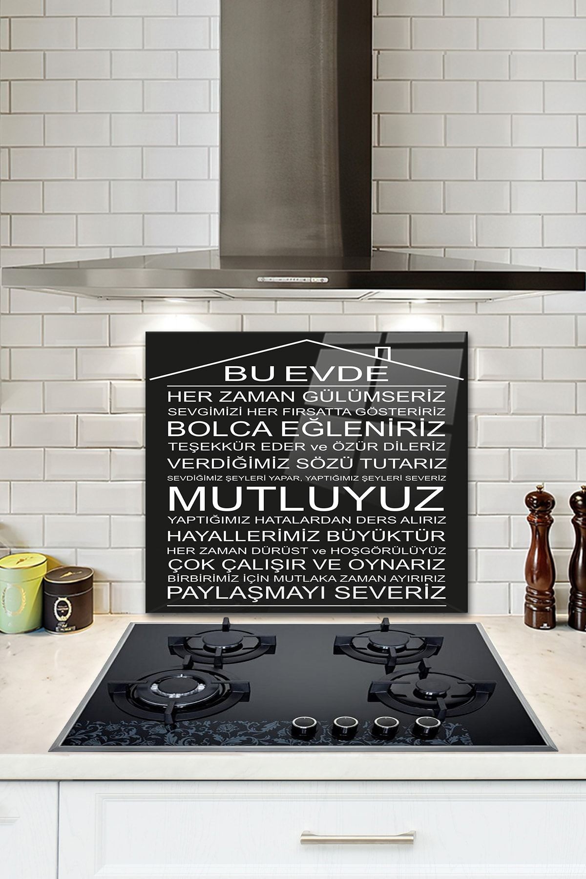 Cam Ocak Arkası Koruyucu | Bu Ev - Siyah Fon | 52cm X 60cm