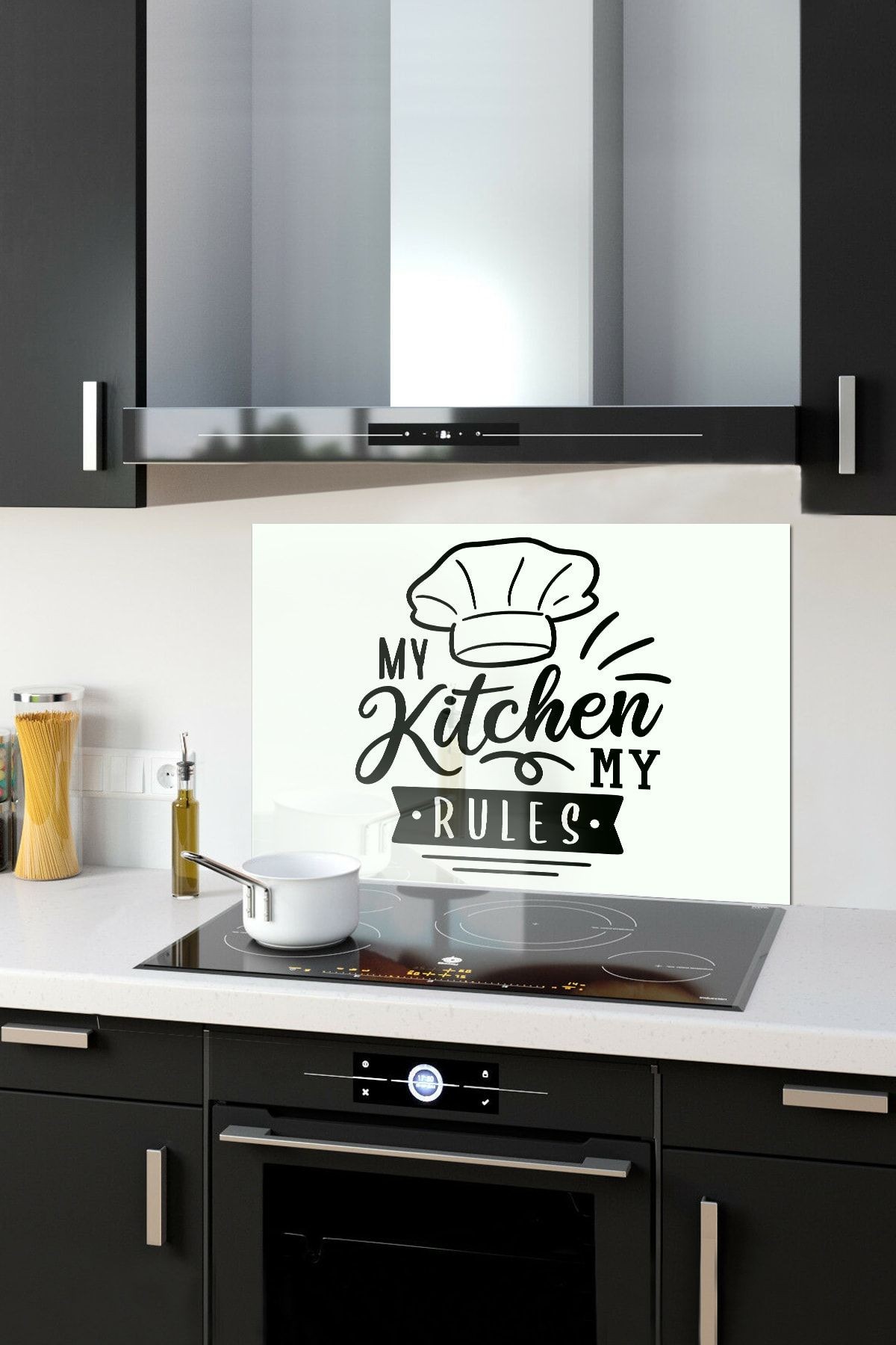 Cam Ocak Arkası Koruyucu | Beyaz Fon - My Kitchen My Rules | 49,5cm X 76cm
