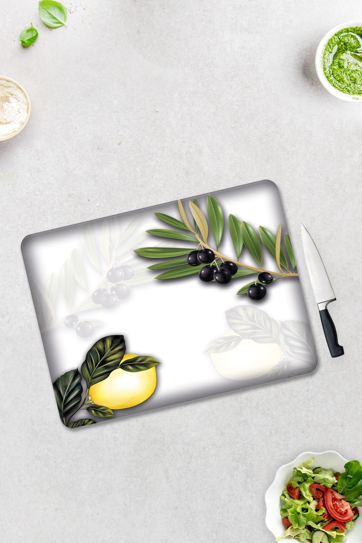 Zeytin Ve Limon Desen | Cam Kesme Tahtası - Cam Kesme Tablası | 30cm X 40cm