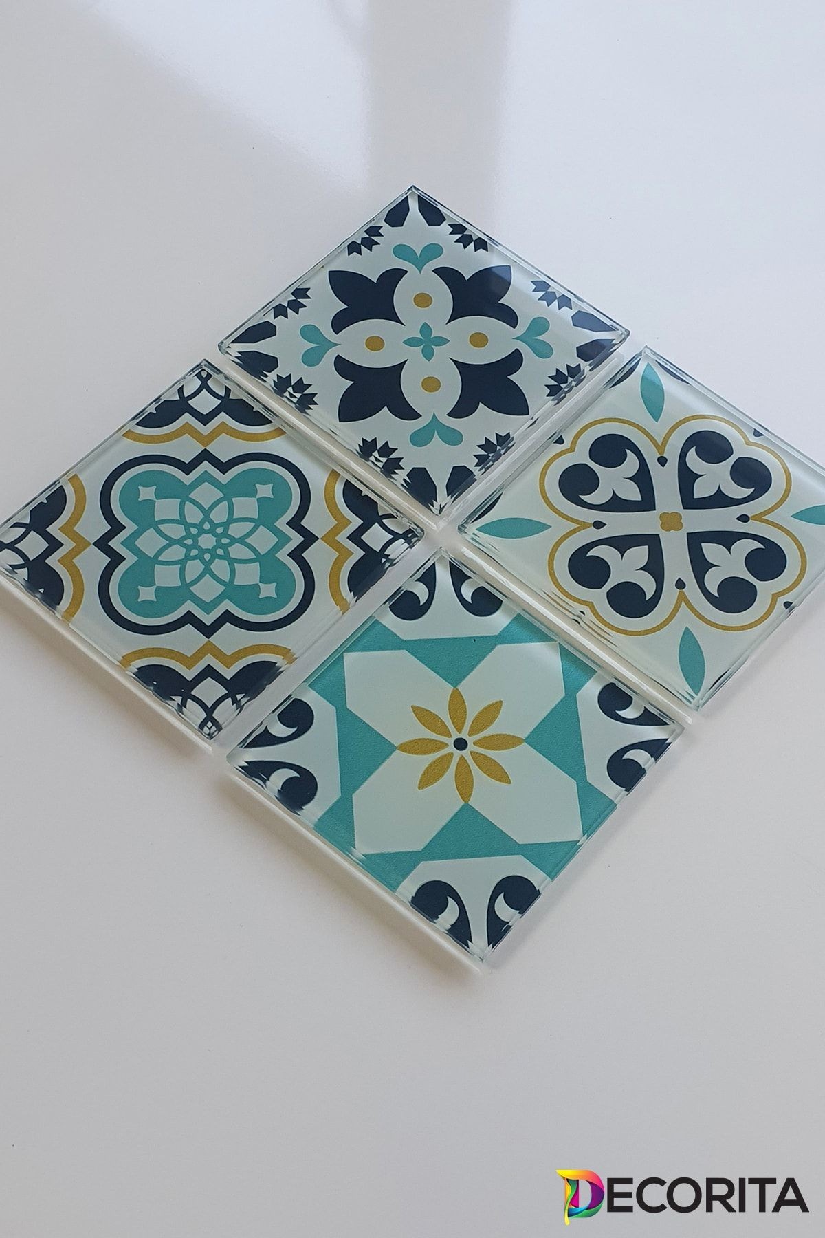 Cam Bardak Altlığı | Modern Çini Desen | 4'lü Takım | 10cm X 10cm