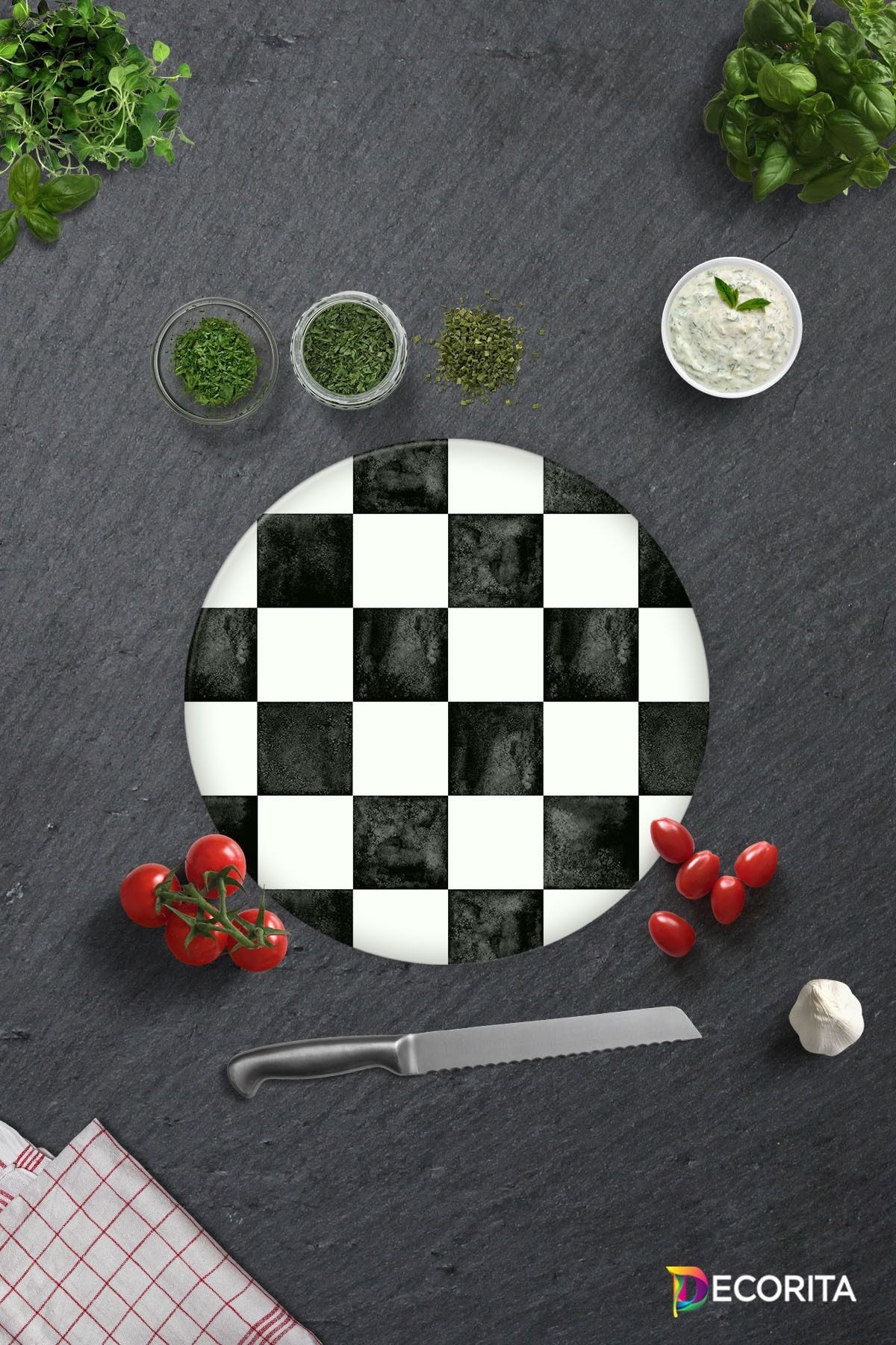 Damalı Desen | Cam Kesme Tahtası - Cam Kesme Tablası | Çap32cm