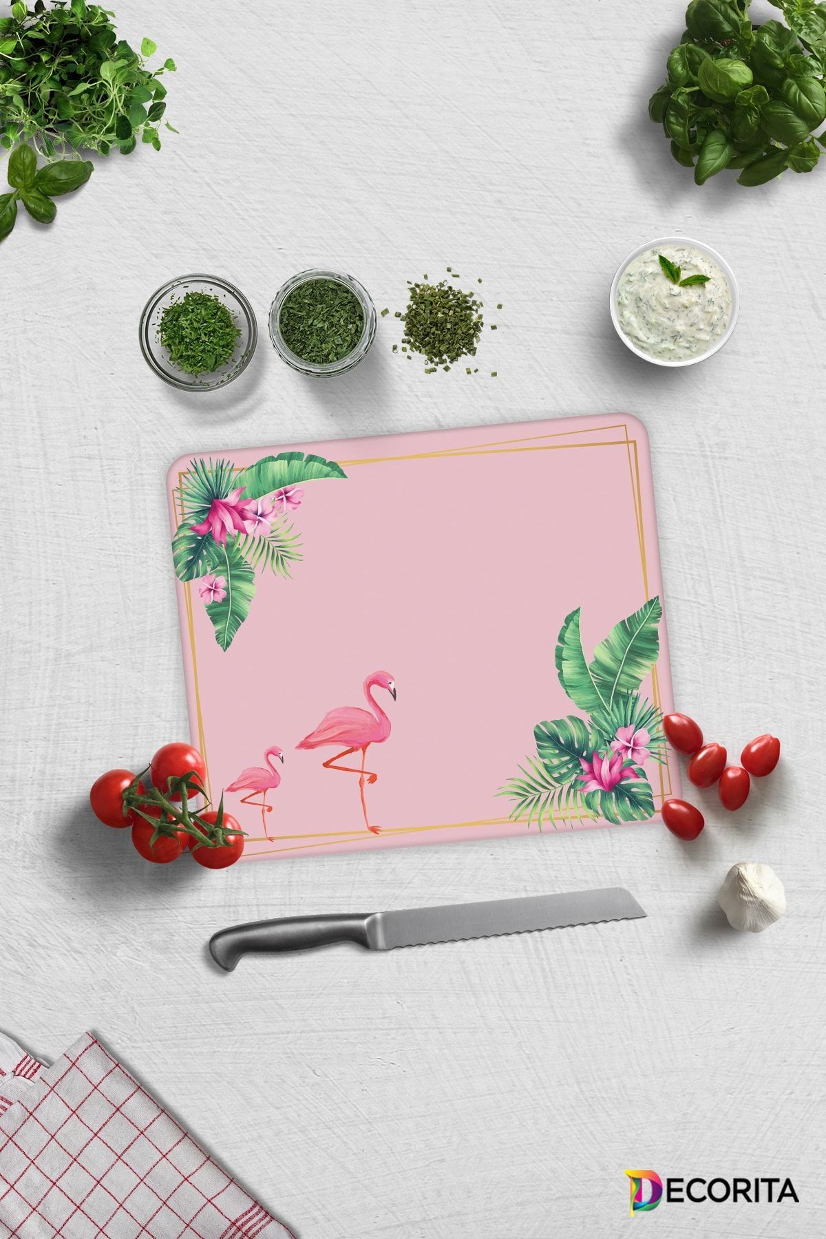 Tropik Yapraklar & Flamingo | Cam Kesme Tahtası - Cam Kesme Tablası | 20cm X 30cm