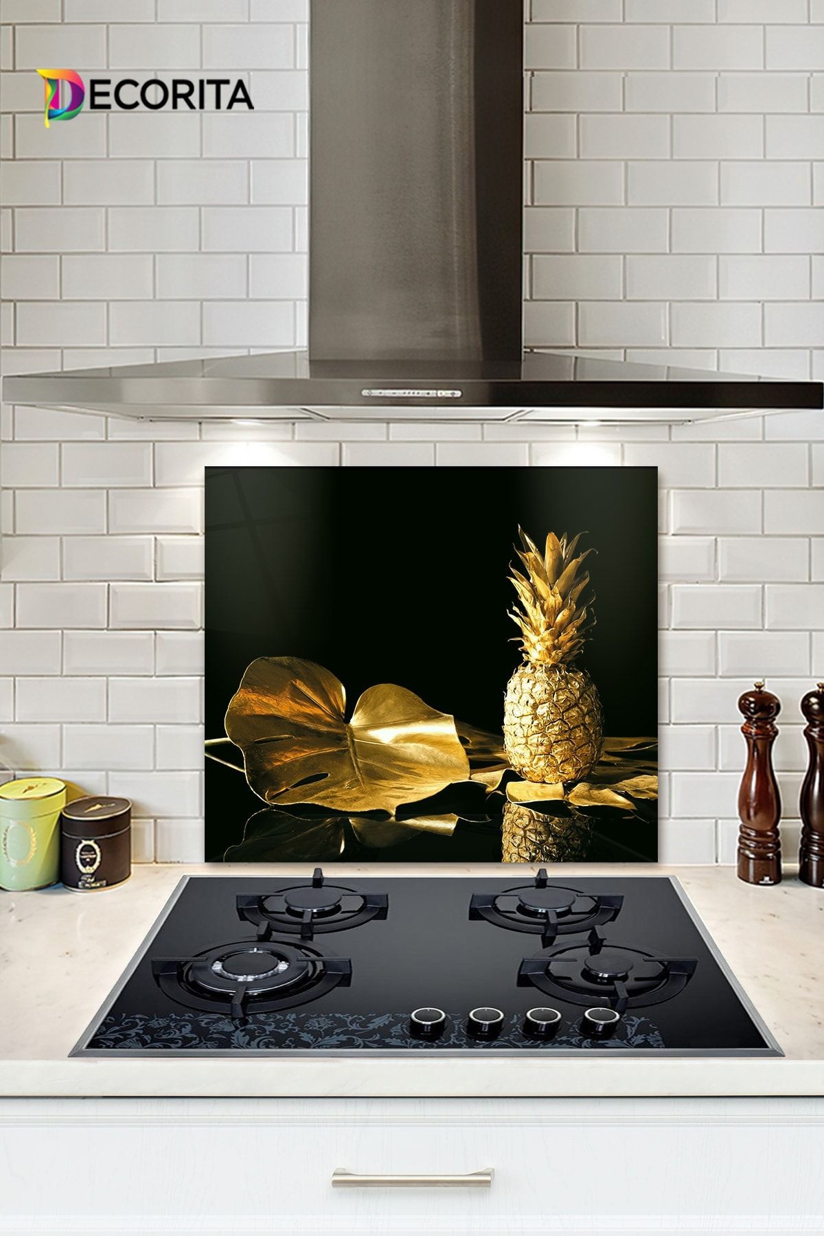 Cam Ocak Arkası Koruyucu | Altın Ananas | 52cm X 60cm