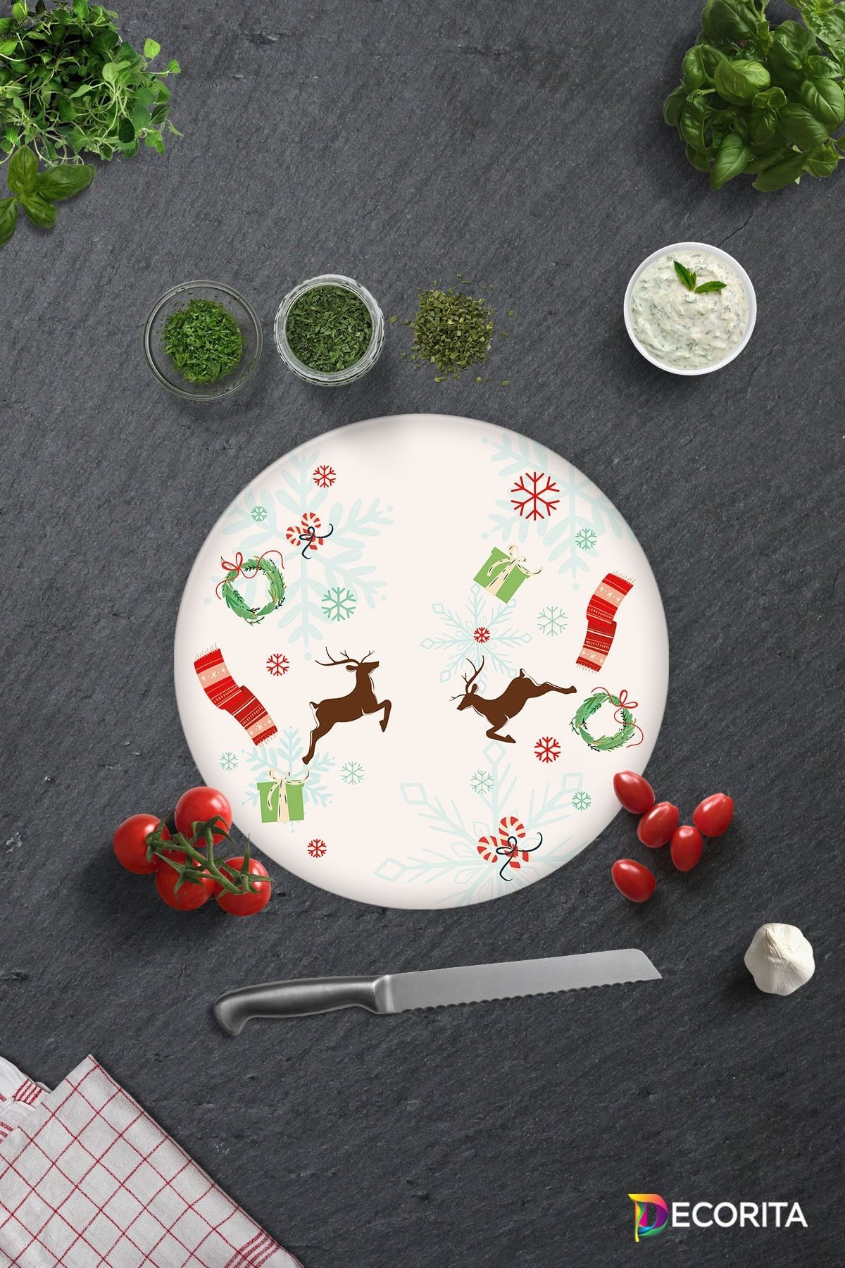 Yılbaşı Temalı | Cam Kesme Tahtası - Cam Kesme Tablası | Çap32cm