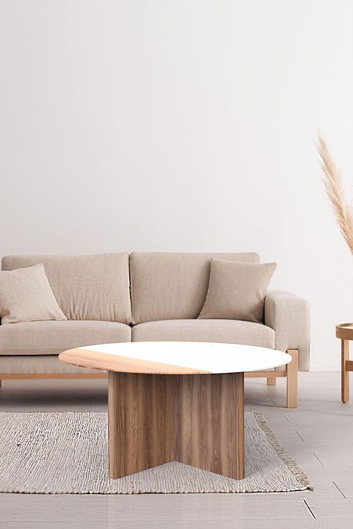 Cam Orta Sehpa | Modern Sehpa | Atlas - Hazar  Kaplama | Kenarı Ahşap Desenli | Çap90cm
