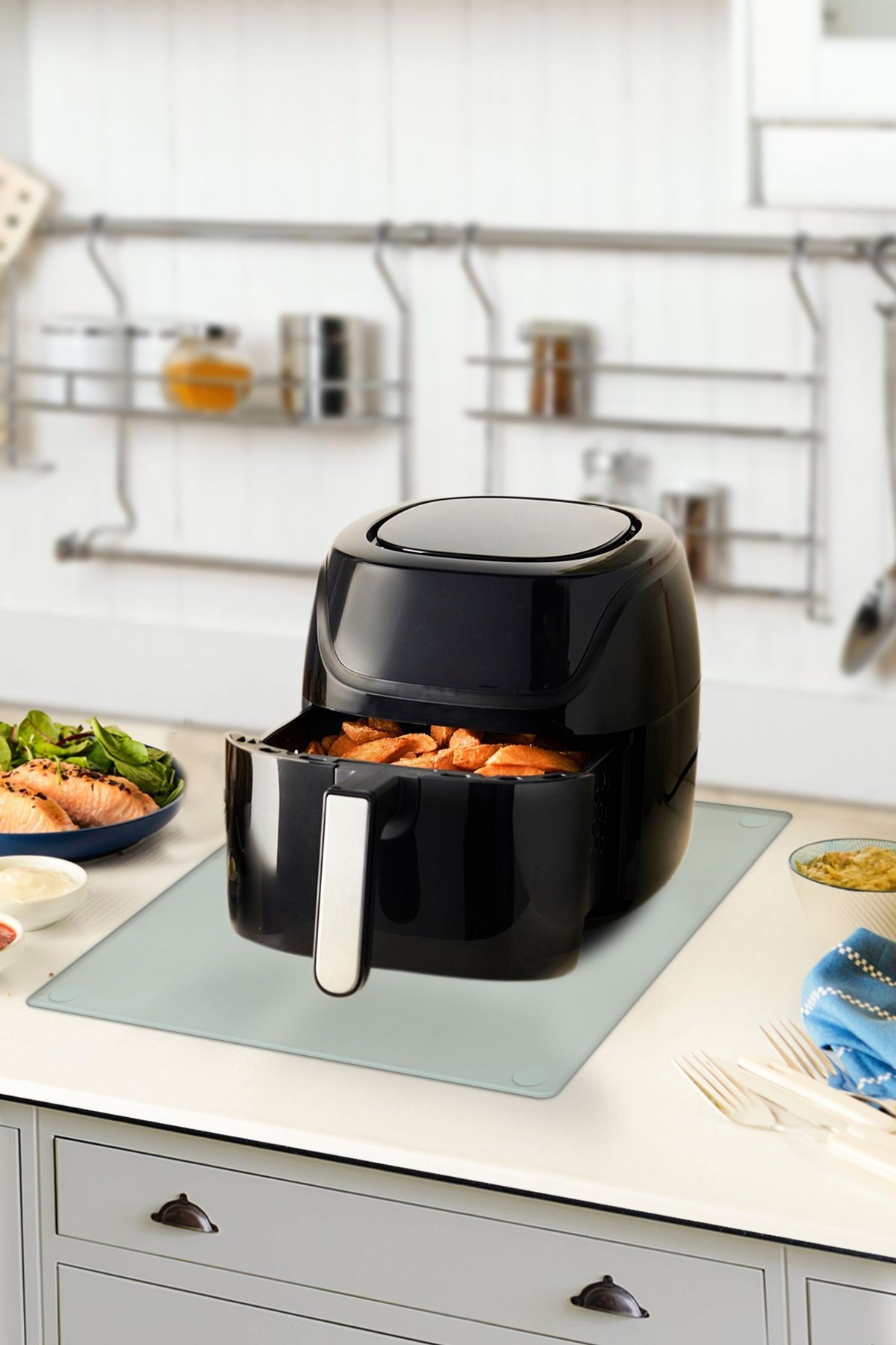 Cam Airfryer Altlığı | Airfryer Altı Isıya Dayanıklı Cam Stand | Saydam | 40cm x 60cm