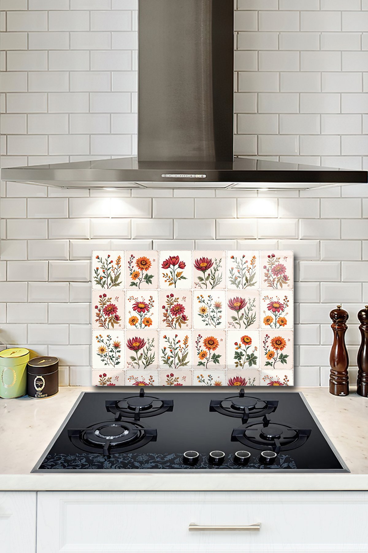Decorita Cam Ocak Arkası Koruyucu | Çiçekli Karo Desen