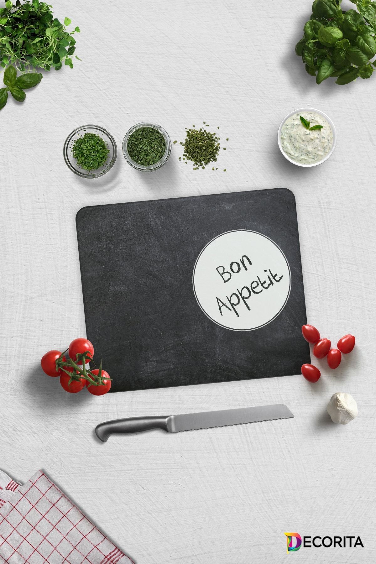 Bon Appetit | Karatahta Görünümlü |Cam Kesme Tahtası -  Cam Kesme Tablası | 29cm x 34cm