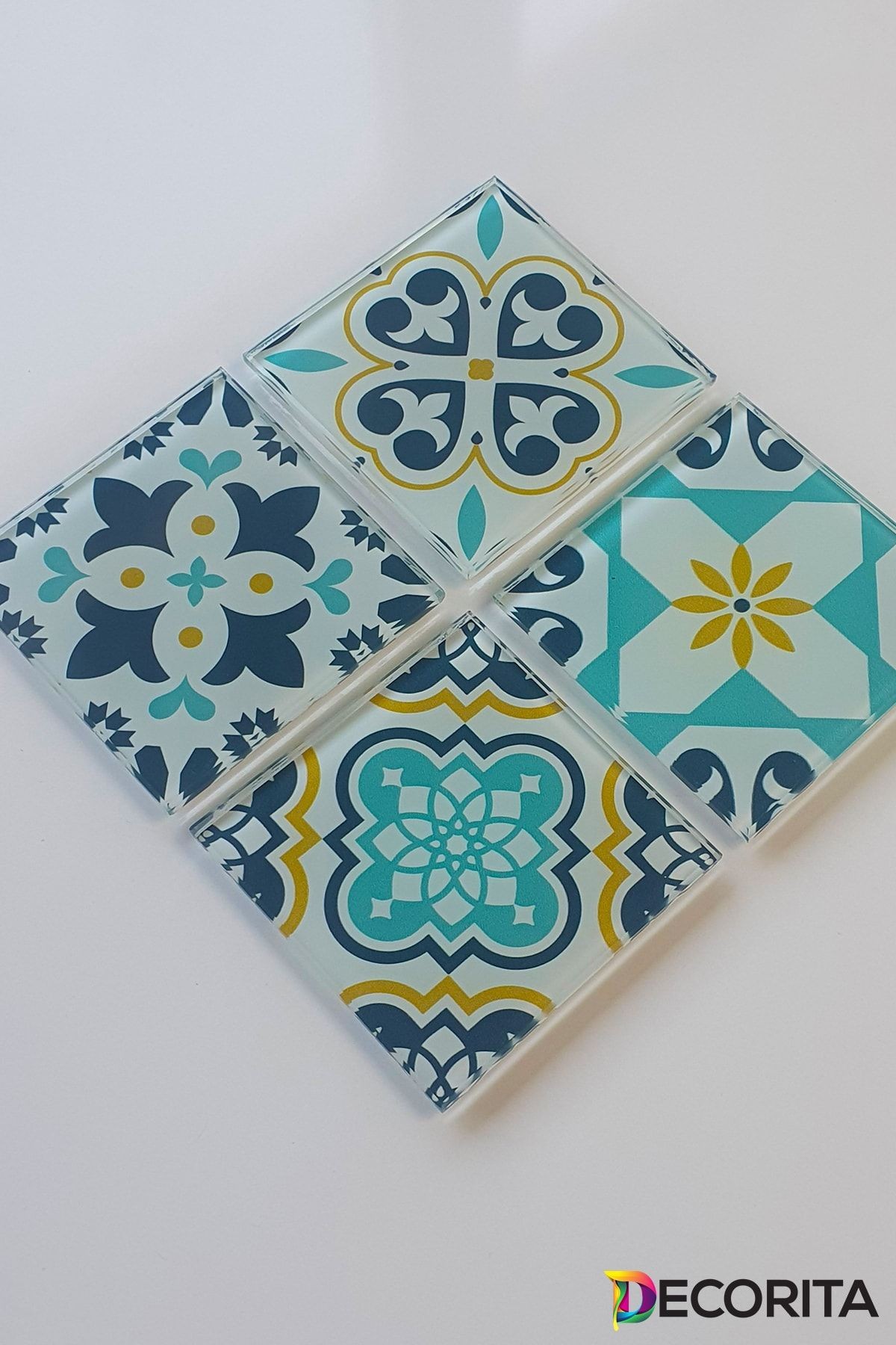 Cam Bardak Altlığı | Modern Çini Desen | 4'lü Takım | 10cm X 10cm