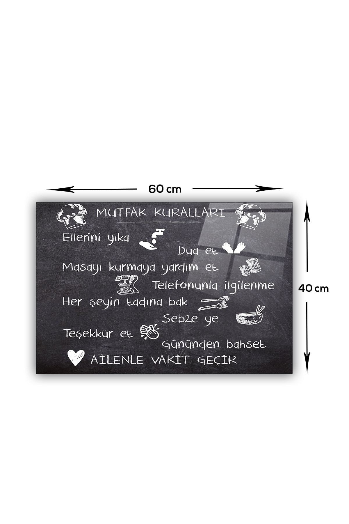 Cam Ocak Arkası Koruyucu | Mutfak Kuralları - Kara Tahta Görünümlü | 40cm X 60cm