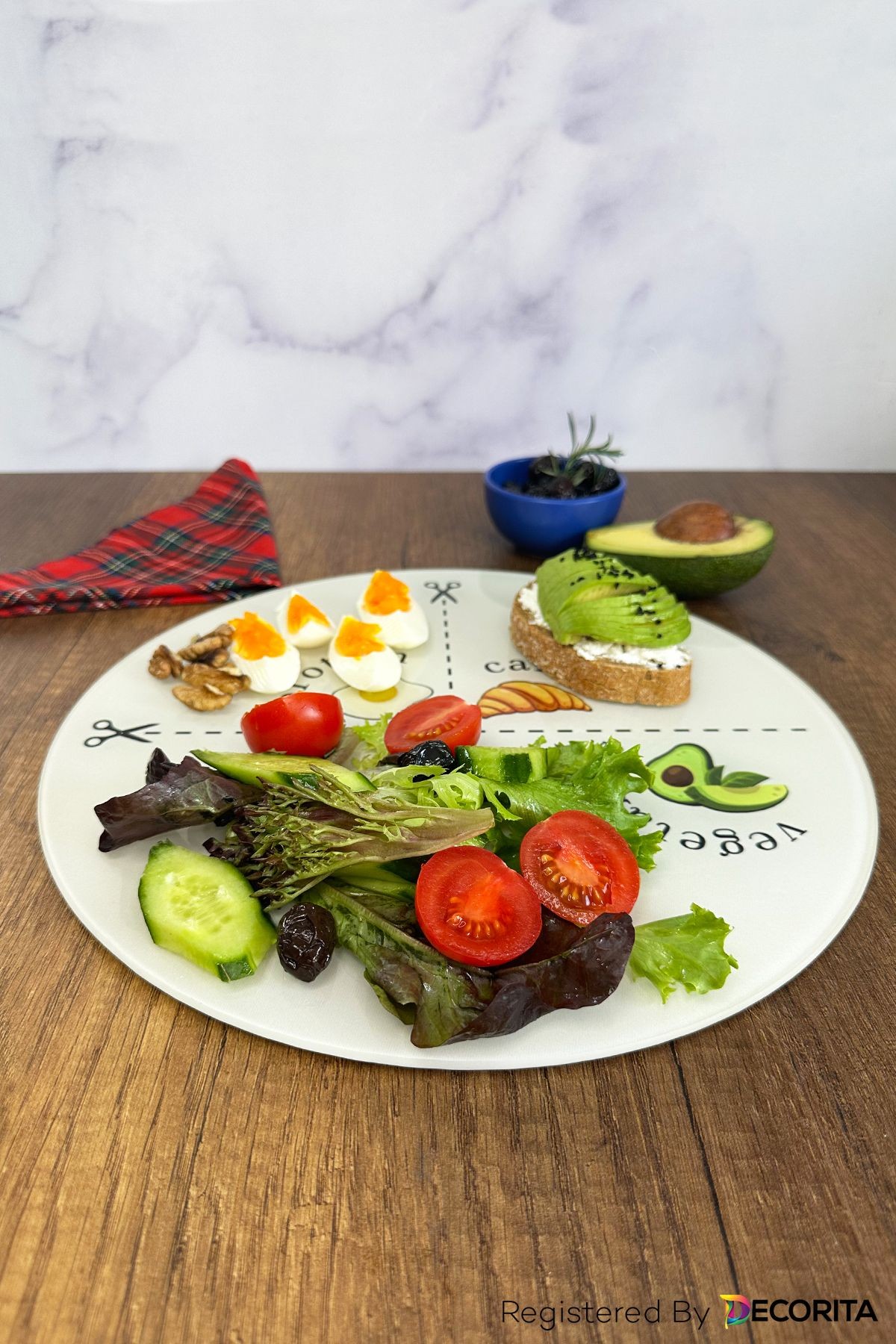 Cam Diyet Tabağı | Cam Sunum Tabağı | Porsiyon Tabağı - Avokado Görselli | Çap32cm
