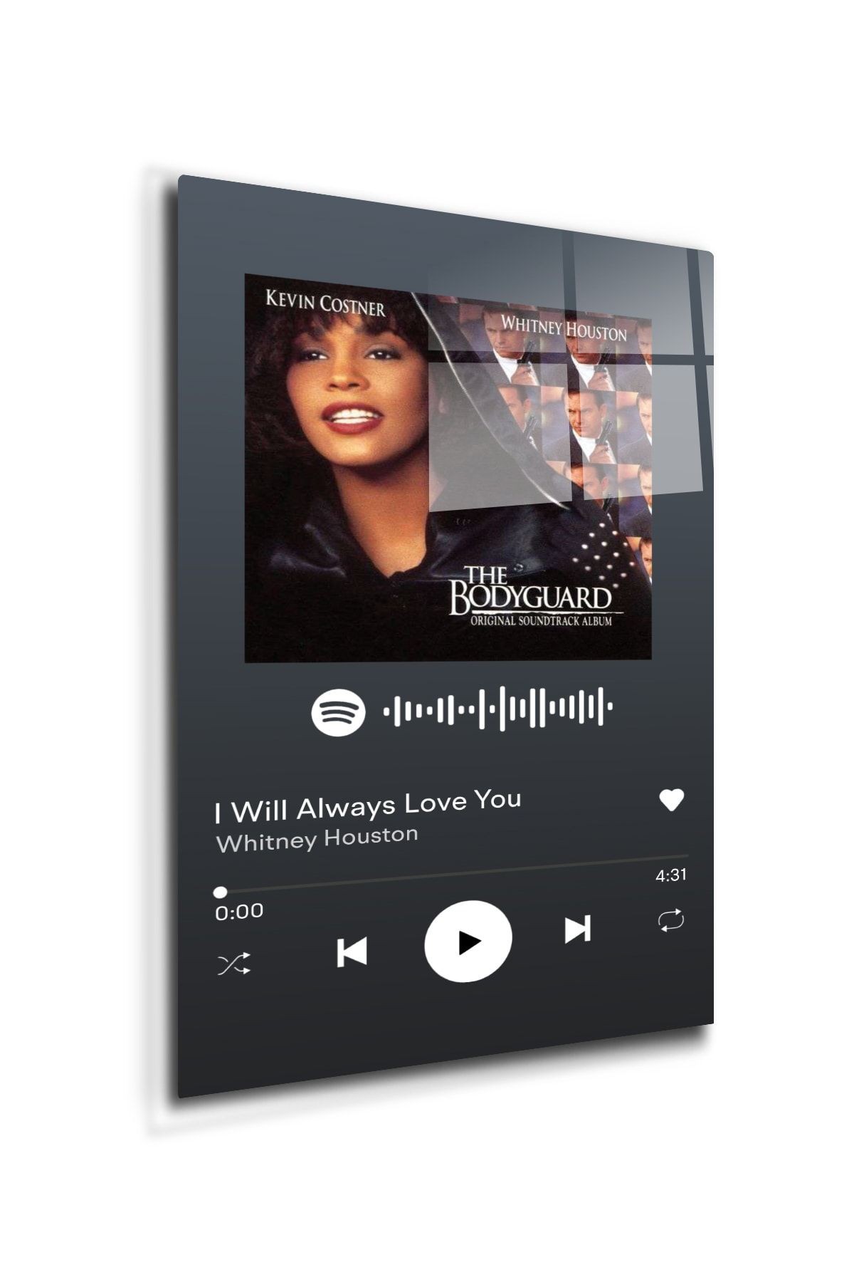 Spotify Barkodlu Cam Tablo | Whitney Houston-ı Will Always Love You | 30cm X 40cm