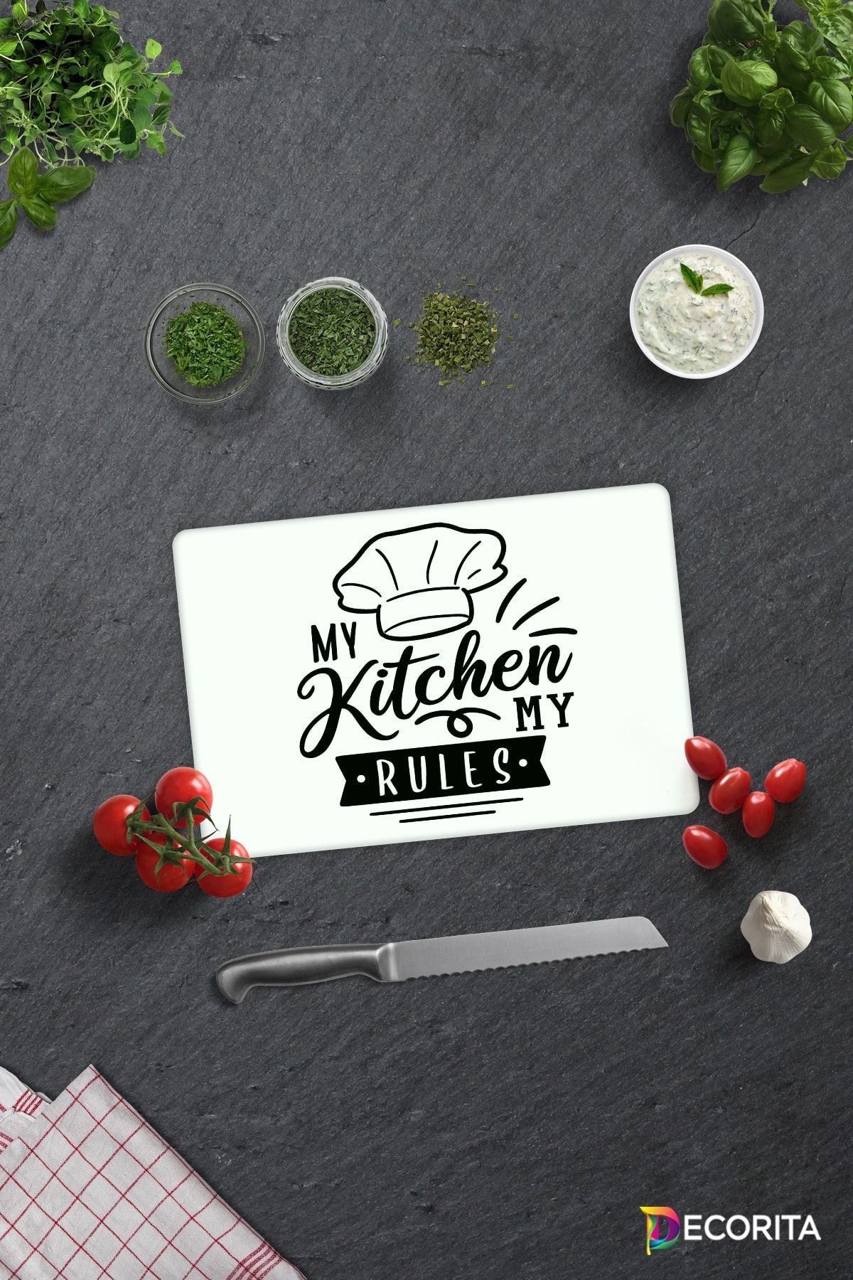 My Kitchen My Rules | Cam Kesme Tahtası - Cam Kesme Tablası | Beyaz Fon | 20cm x 30cm