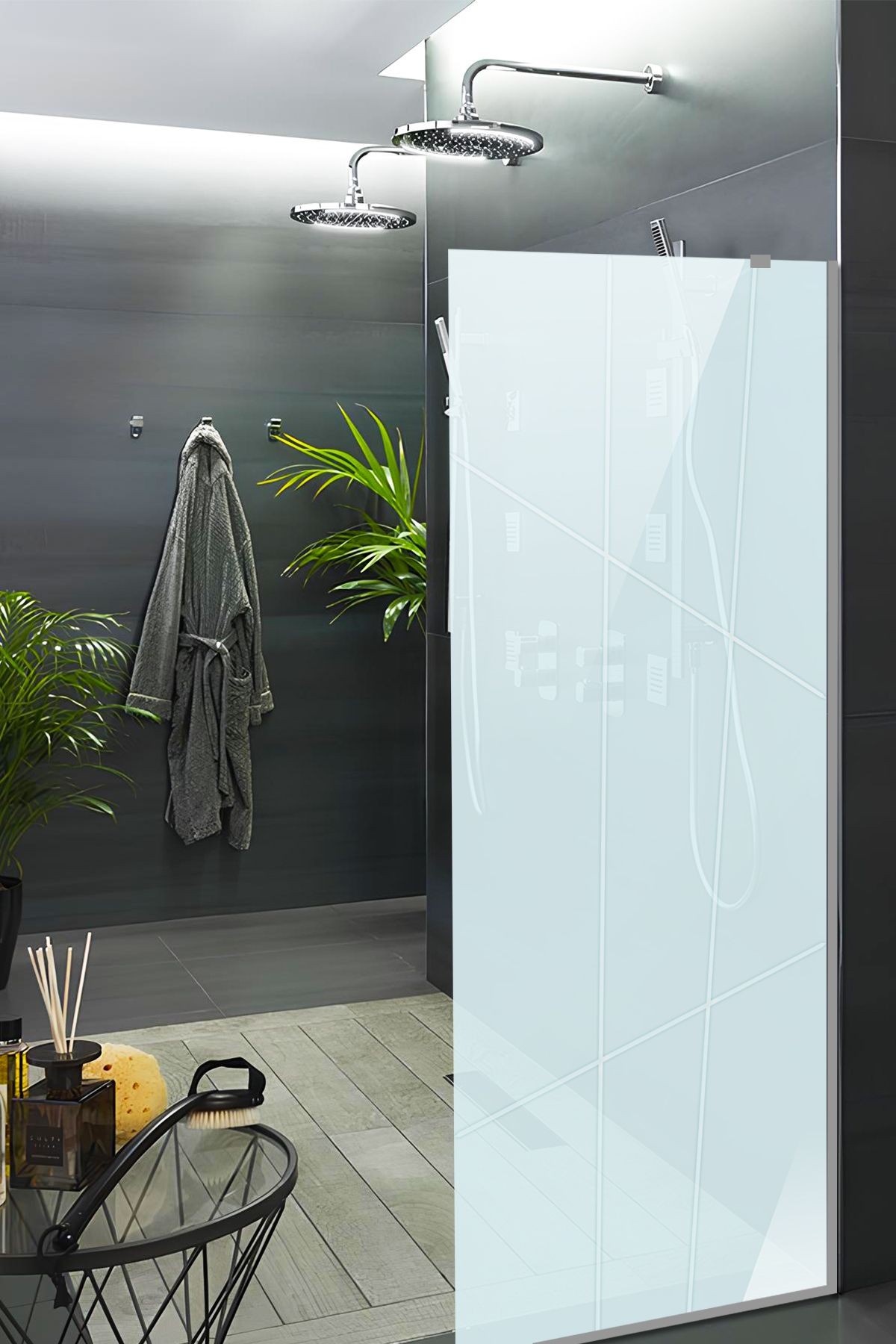 Cam Duşakabin Seperatör - Sabit Panel | Satina Cam - Kanallı | Metalik Parlak Profil | 70cm x 190cm