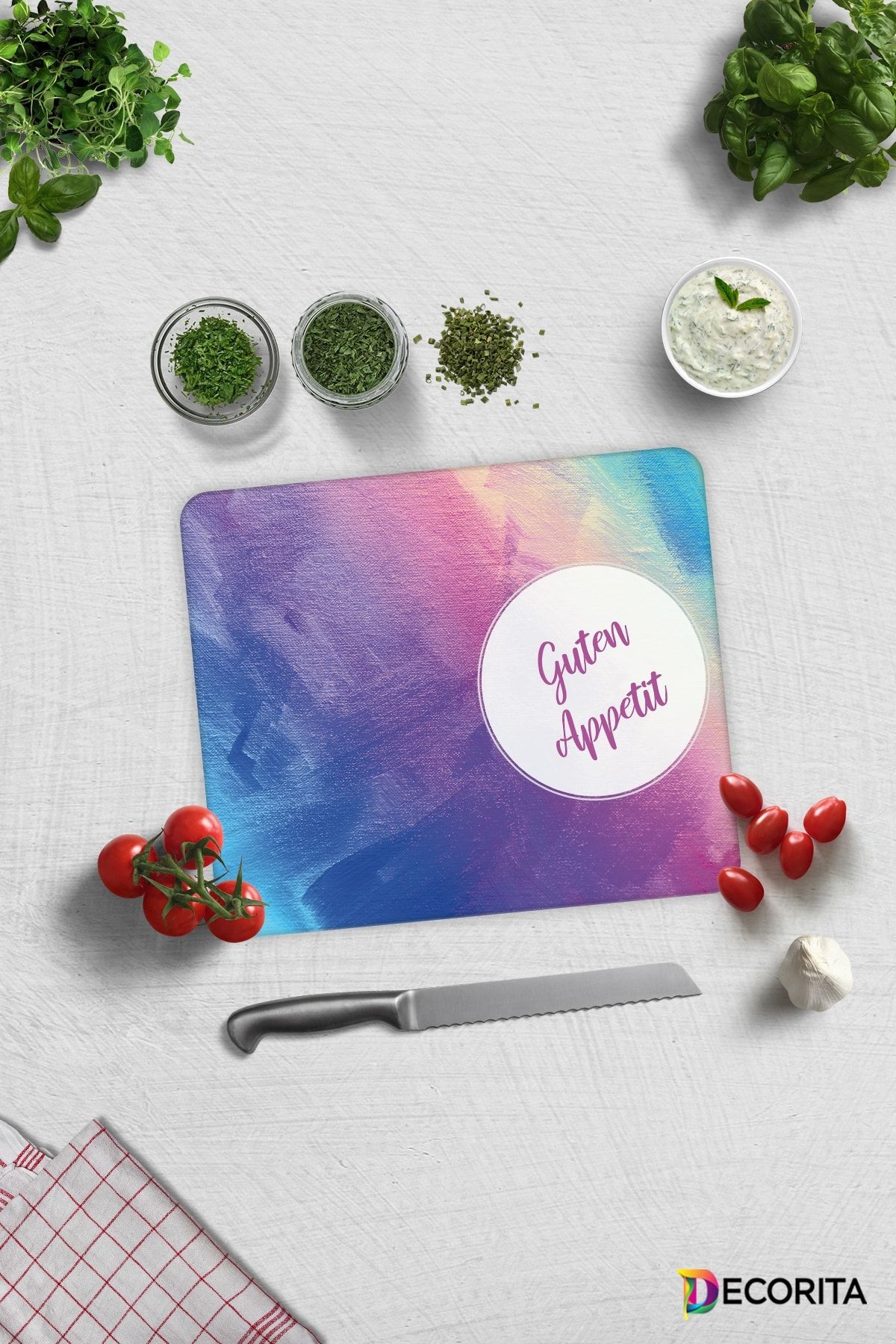 Guten Appetit | Renkli Tuval | Cam Kesme Tahtası - Cam Kesme Tablası | 29cm X 34cm