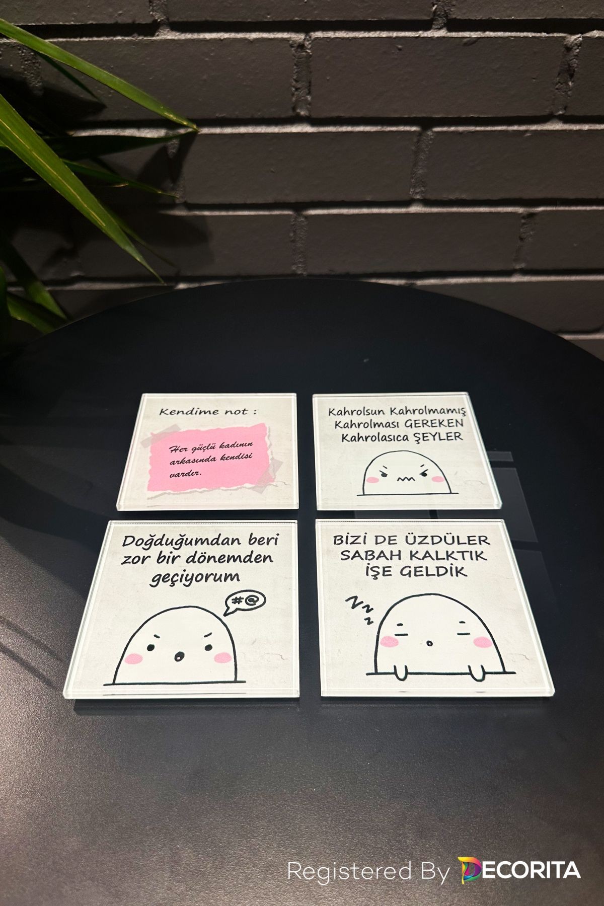 Cam Bardak Altlığı | Komik Sözler Serisi | Tükenmişlik | 4'lü Takım | 10cm x 10cm