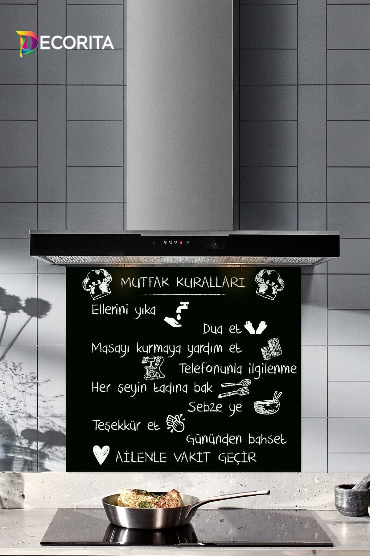 Cam Ocak Arkası Koruyucu | Siyah Mutfak Kuralları | 52cm X 60cm