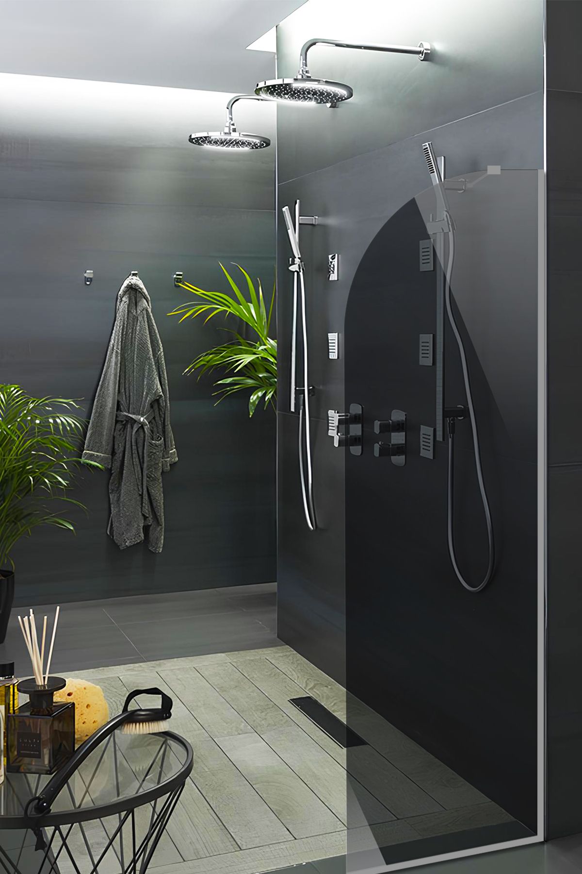 Cam Duşakabin Seperatör - Sabit Panel | Füme Cam - Şekilli | Metalik Parlak Profil | 55cm x 190cm