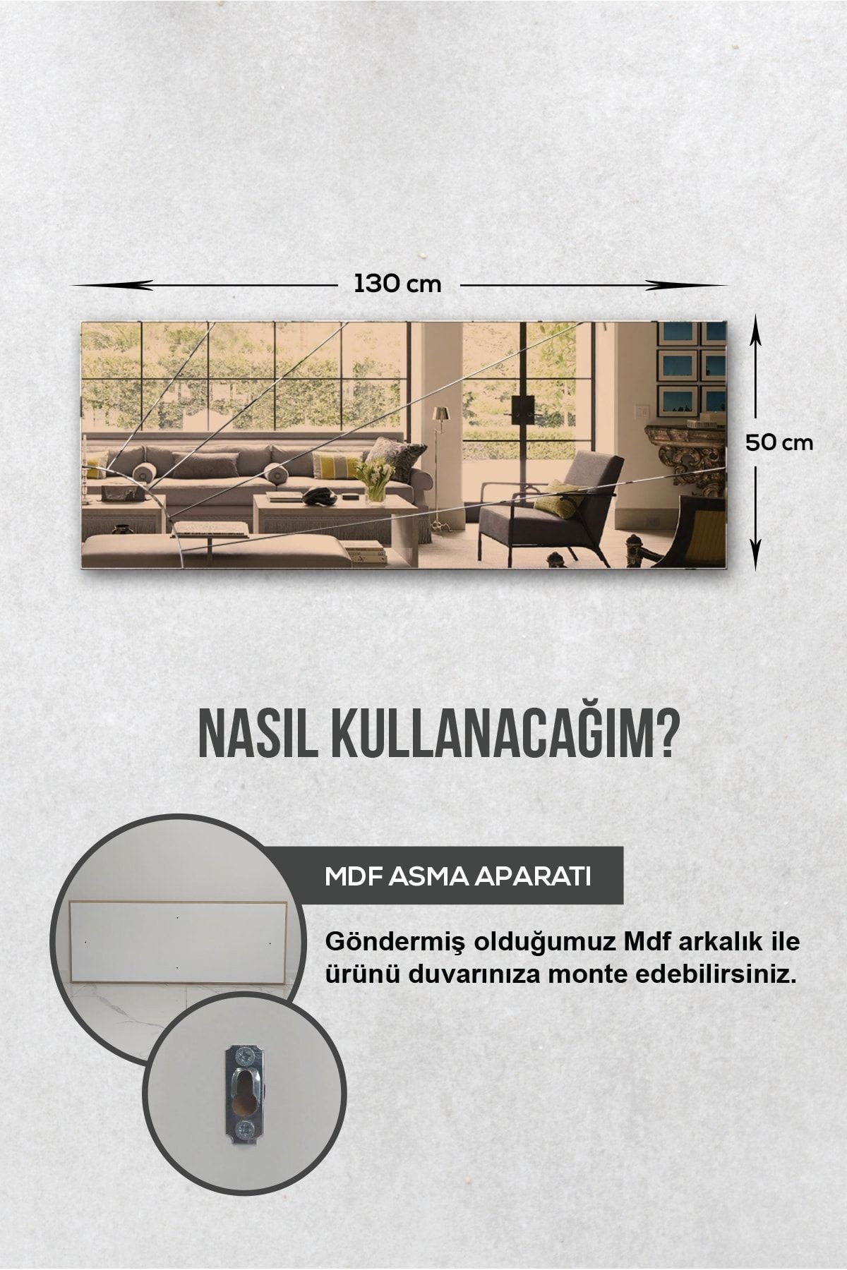 Ayna | Bronz Ayna | Güneş Desen Kanallı | 130cm X 50cm